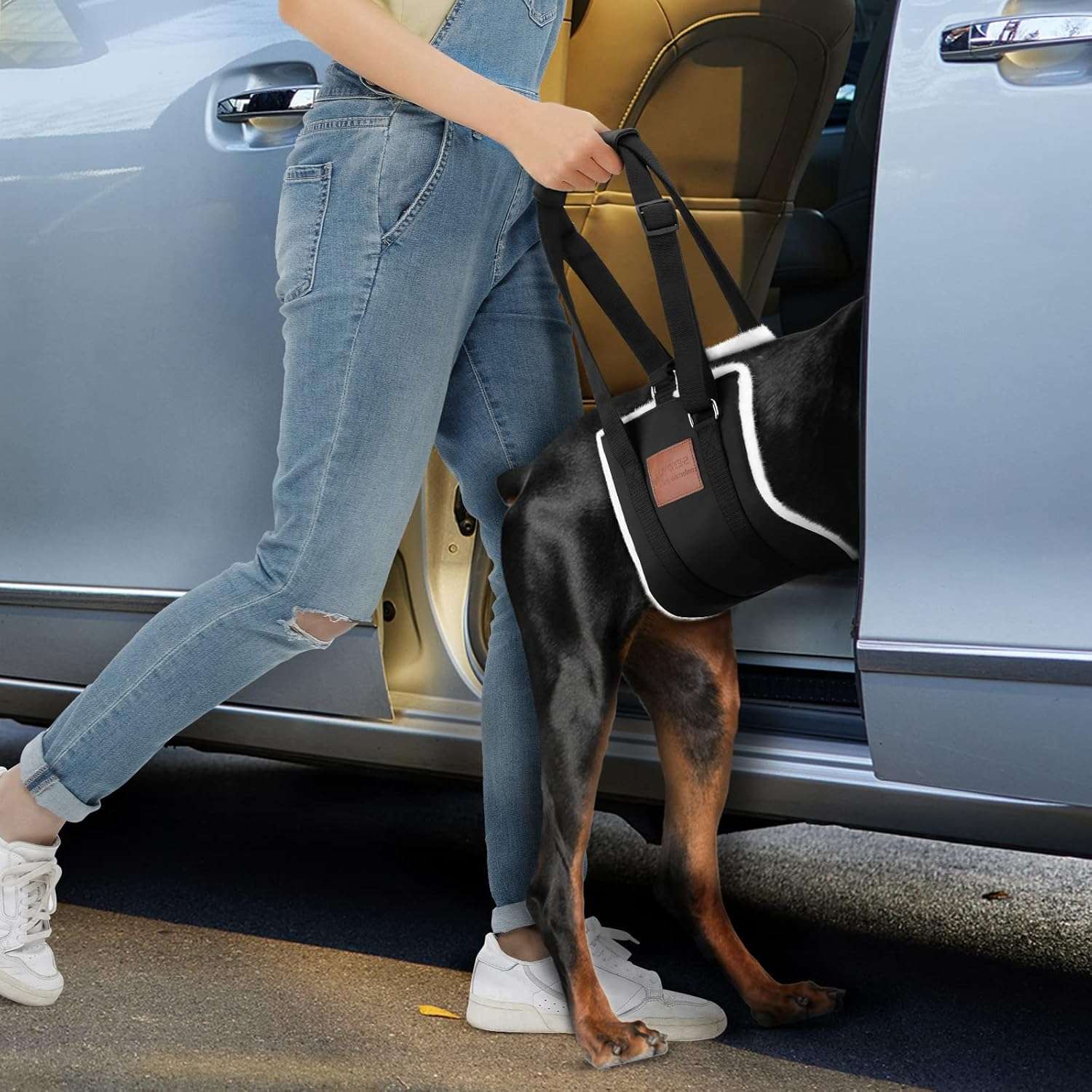 Arnes elevacion perro piel suave soporte patas traseras displasia cadera ayuda subir escaleras