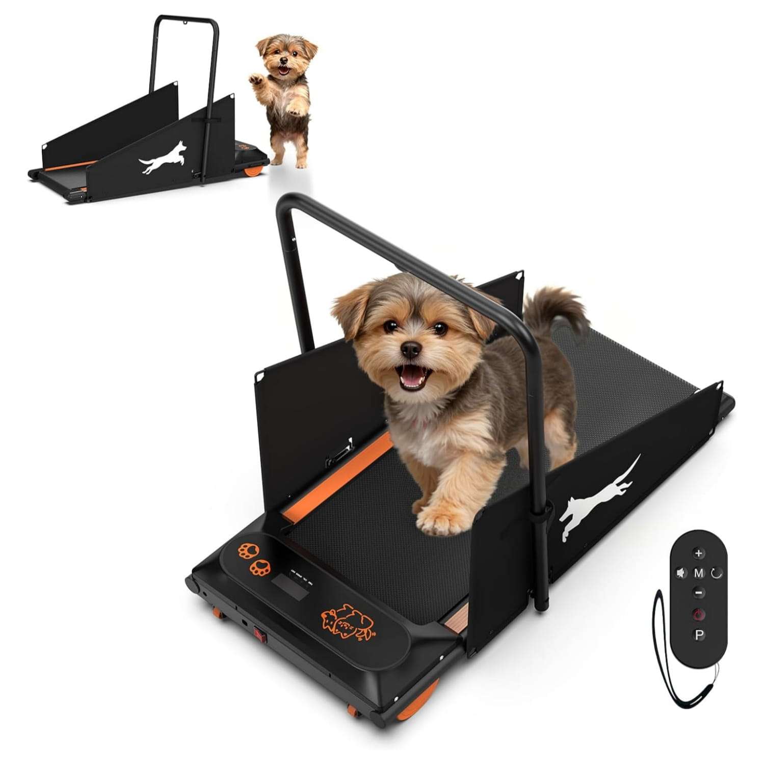 Trotadora electrica silenciosa para perros con pantalla y barreras laterales de seguridad.