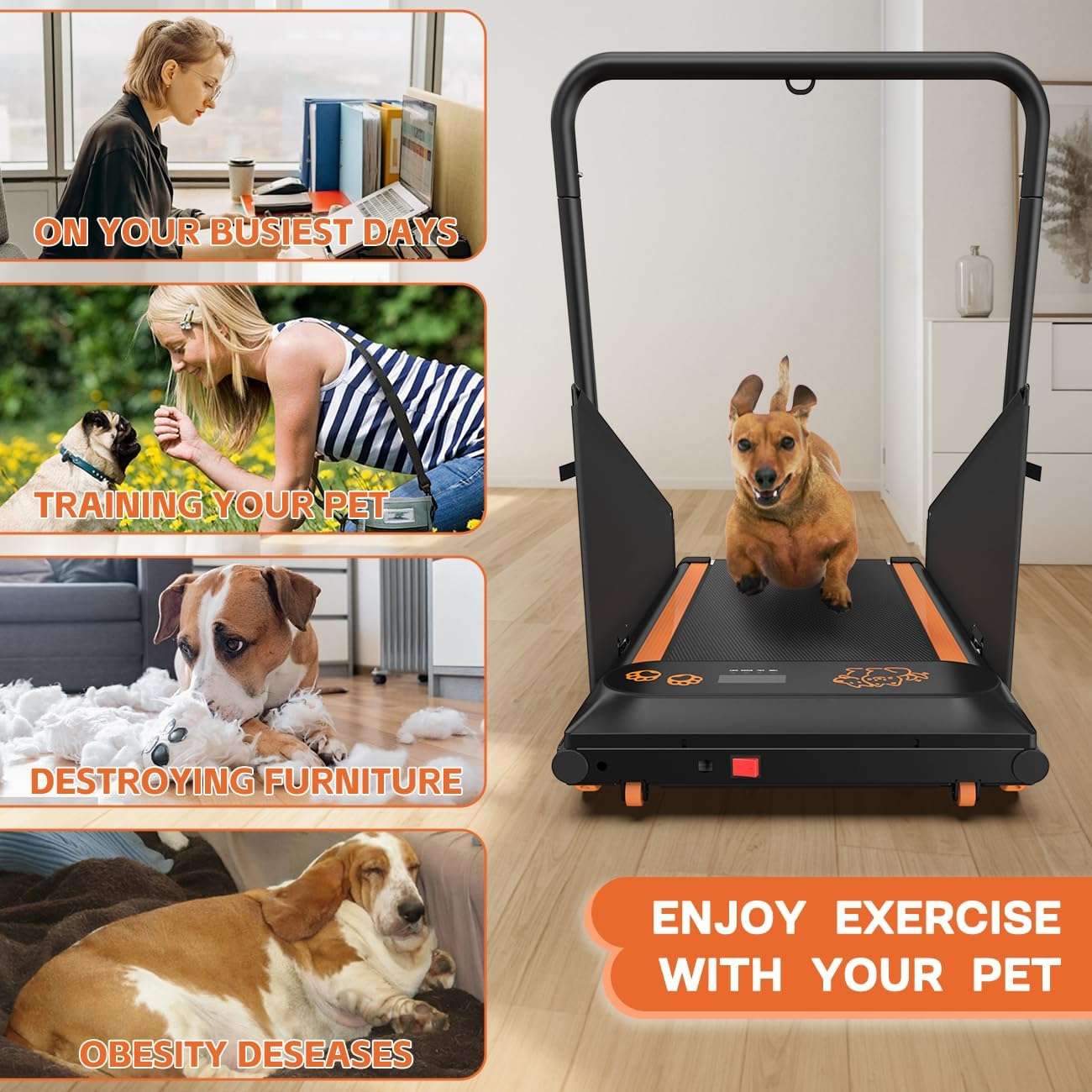 Trotadora electrica silenciosa para perros con pantalla y barreras laterales de seguridad.