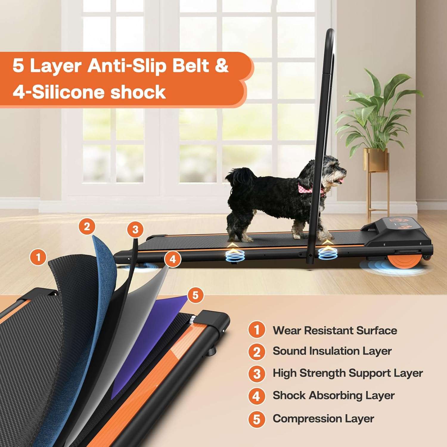 Trotadora electrica silenciosa para perros con pantalla y barreras laterales de seguridad.