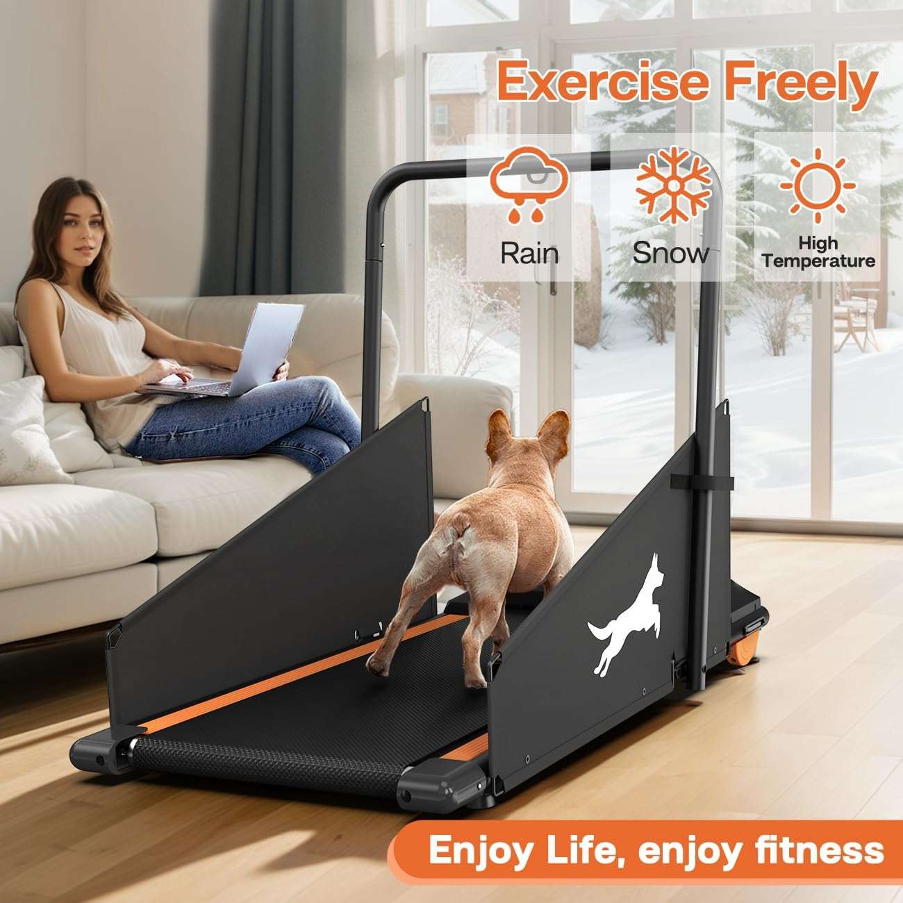Trotadora electrica silenciosa para perros con pantalla y barreras laterales de seguridad.