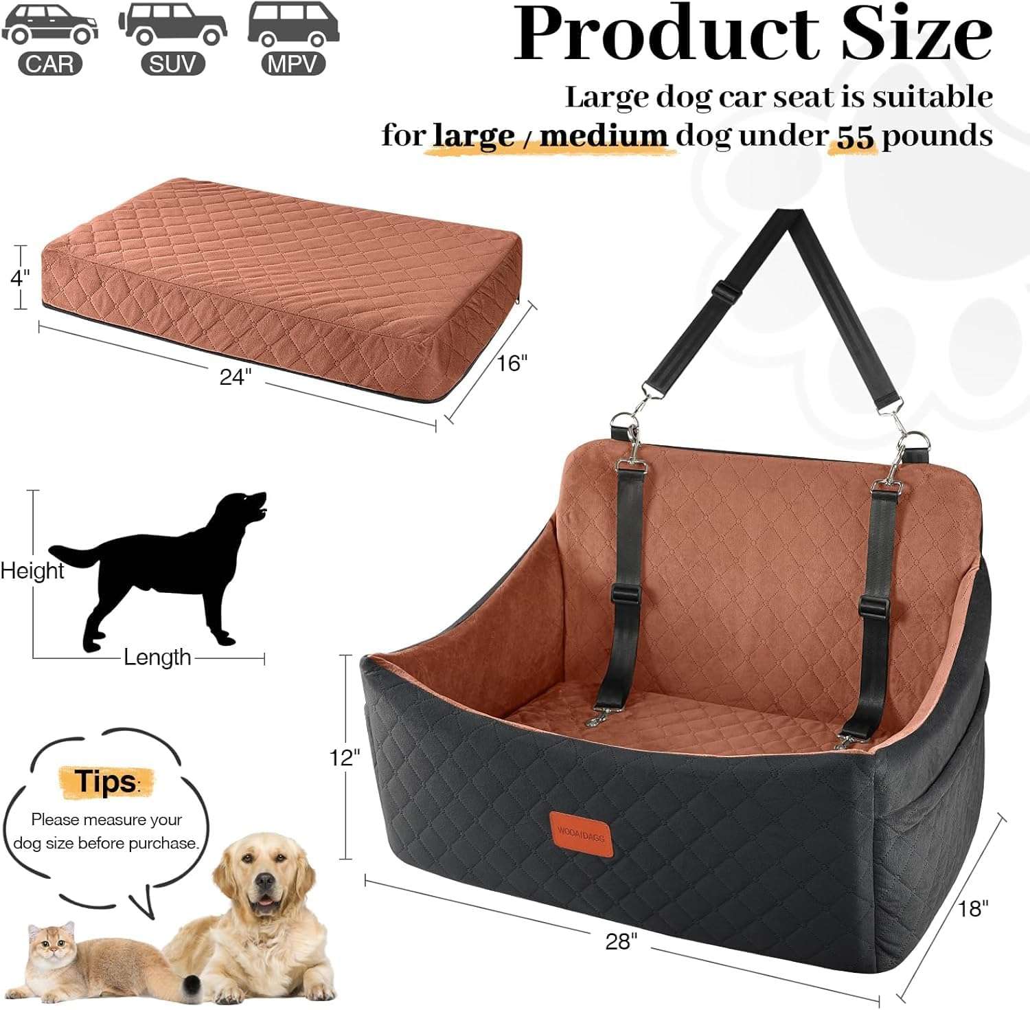 Asiento cama auto perro grande 76x53 cm memory foam ortopedica bulldog ingles border collie lavable