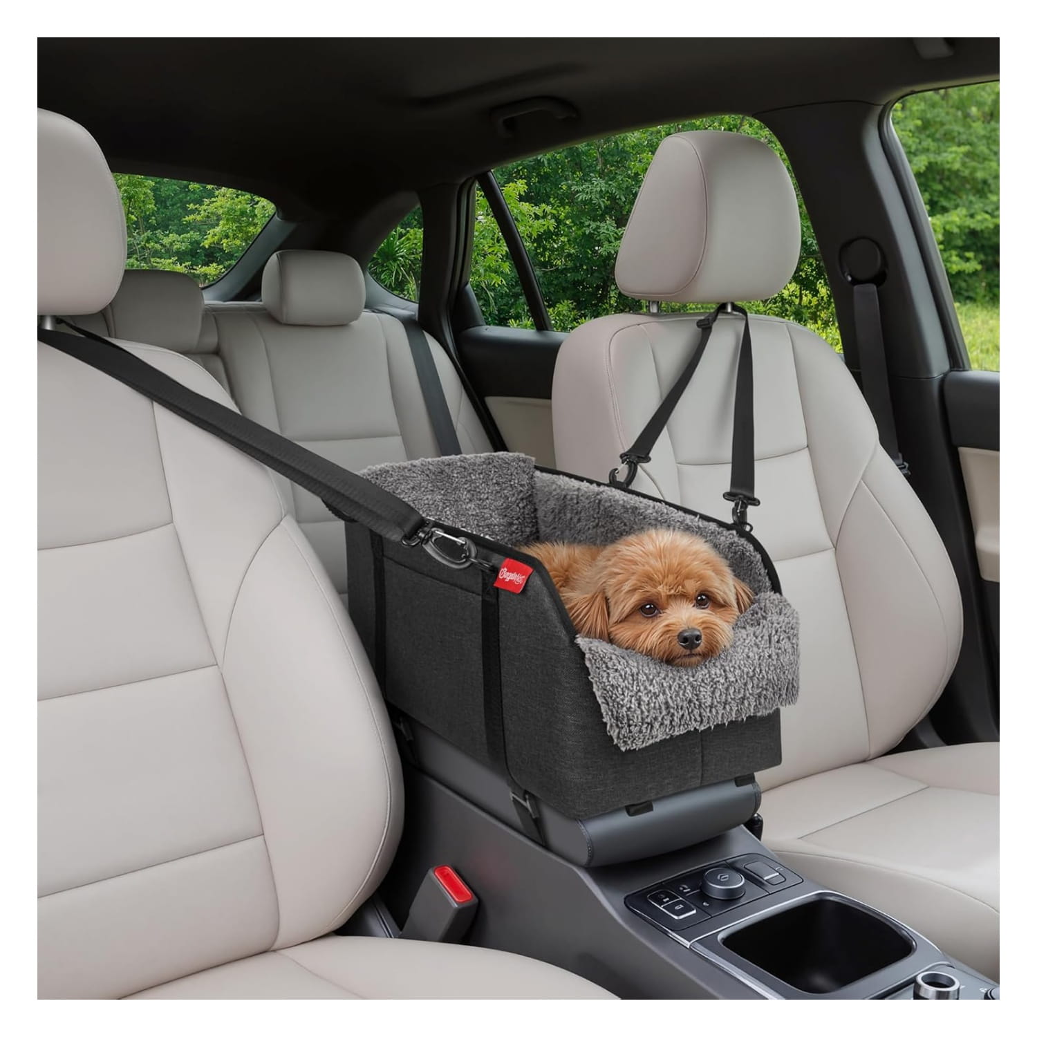Asiento elevador para perros pequeños en consola central, convertible en bolso transportador.