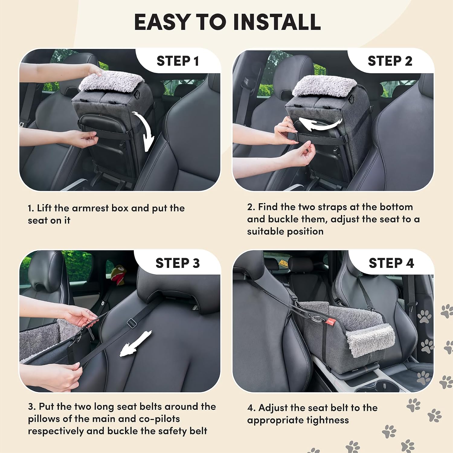 Asiento elevador para perros pequeños en consola central, convertible en bolso transportador.