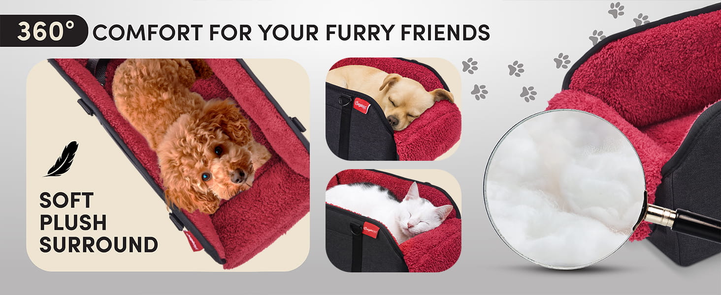 Asiento elevador para perros pequeños en consola central, convertible en bolso transportador.