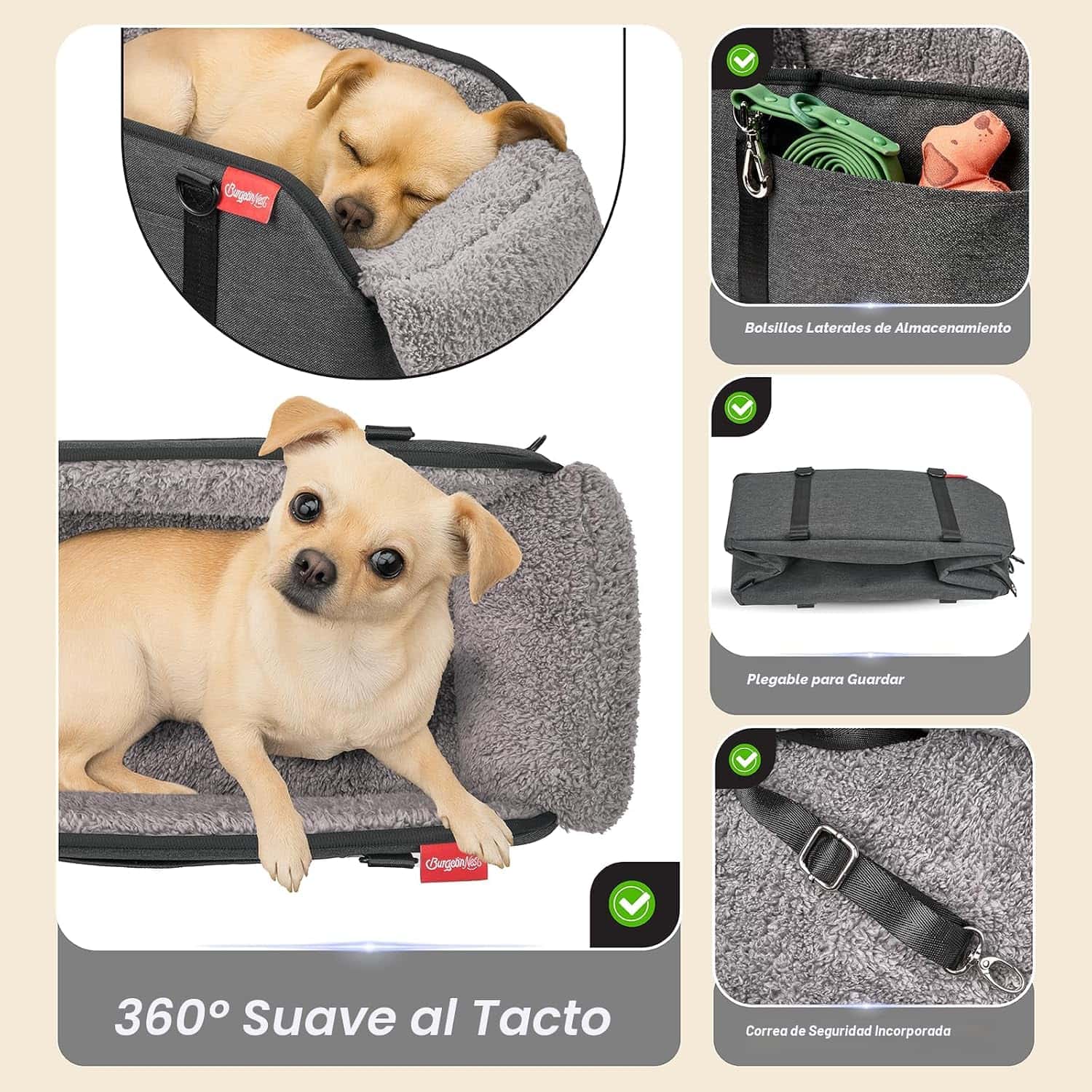 Asiento elevador para perros pequeños en consola central, convertible en bolso transportador.