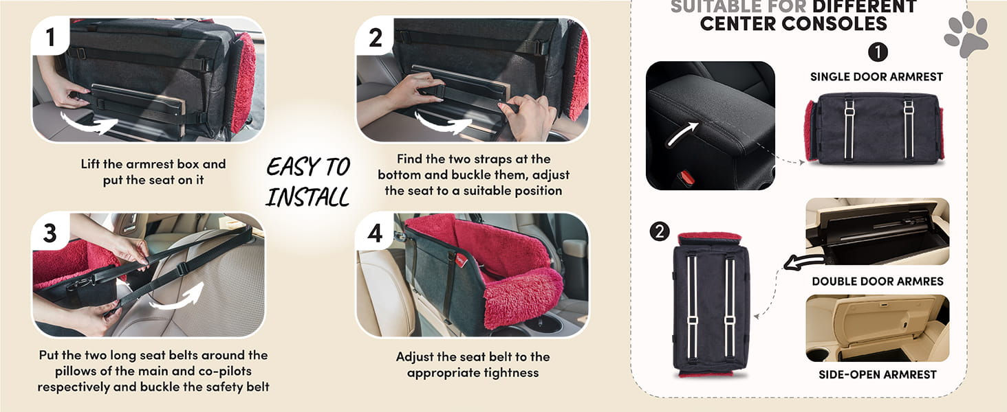 Asiento elevador para perros pequeños en consola central, convertible en bolso transportador.