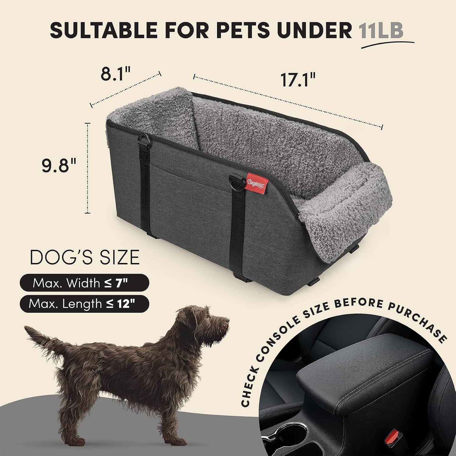 Asiento elevador para perros pequeños en consola central, convertible en bolso transportador.