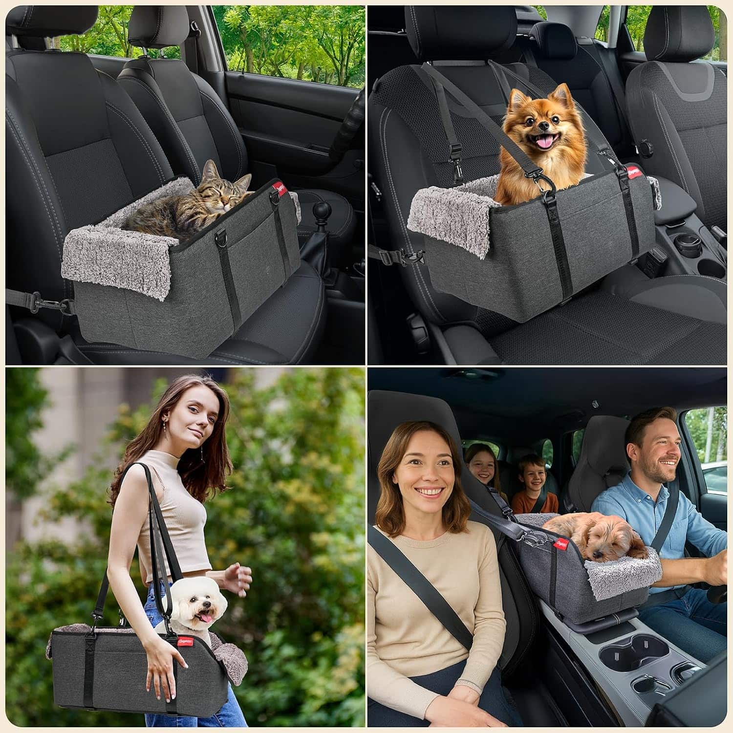 Asiento elevador para perros pequeños en consola central, convertible en bolso transportador.