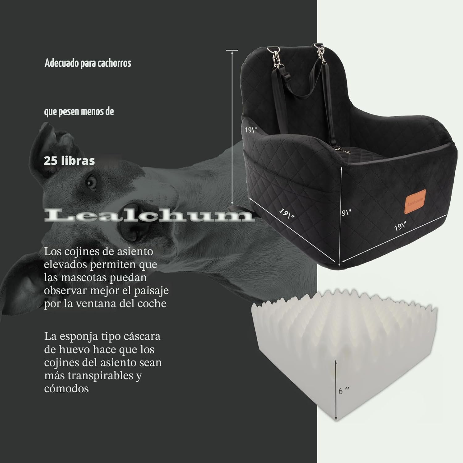 Asiento elevado auto perro 48x48x48 cm vista panoramica bulldog frances pug hasta 14kg anti mareo cubo