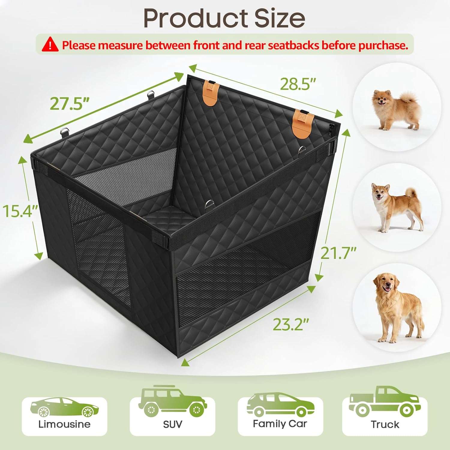 Asiento extensor auto perro base rigida 73x59x55 cm grandes golden retriever soporte fuerte ventilacion