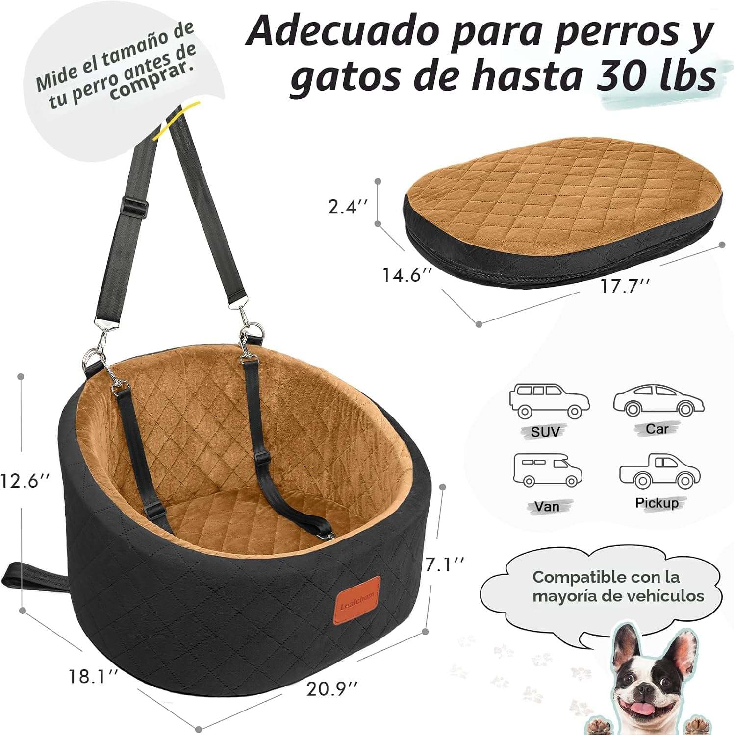 Asiento auto perro memory foam 55x45 cm cama viaje ortopedica lavable bulldog frances pug anti ansiedad