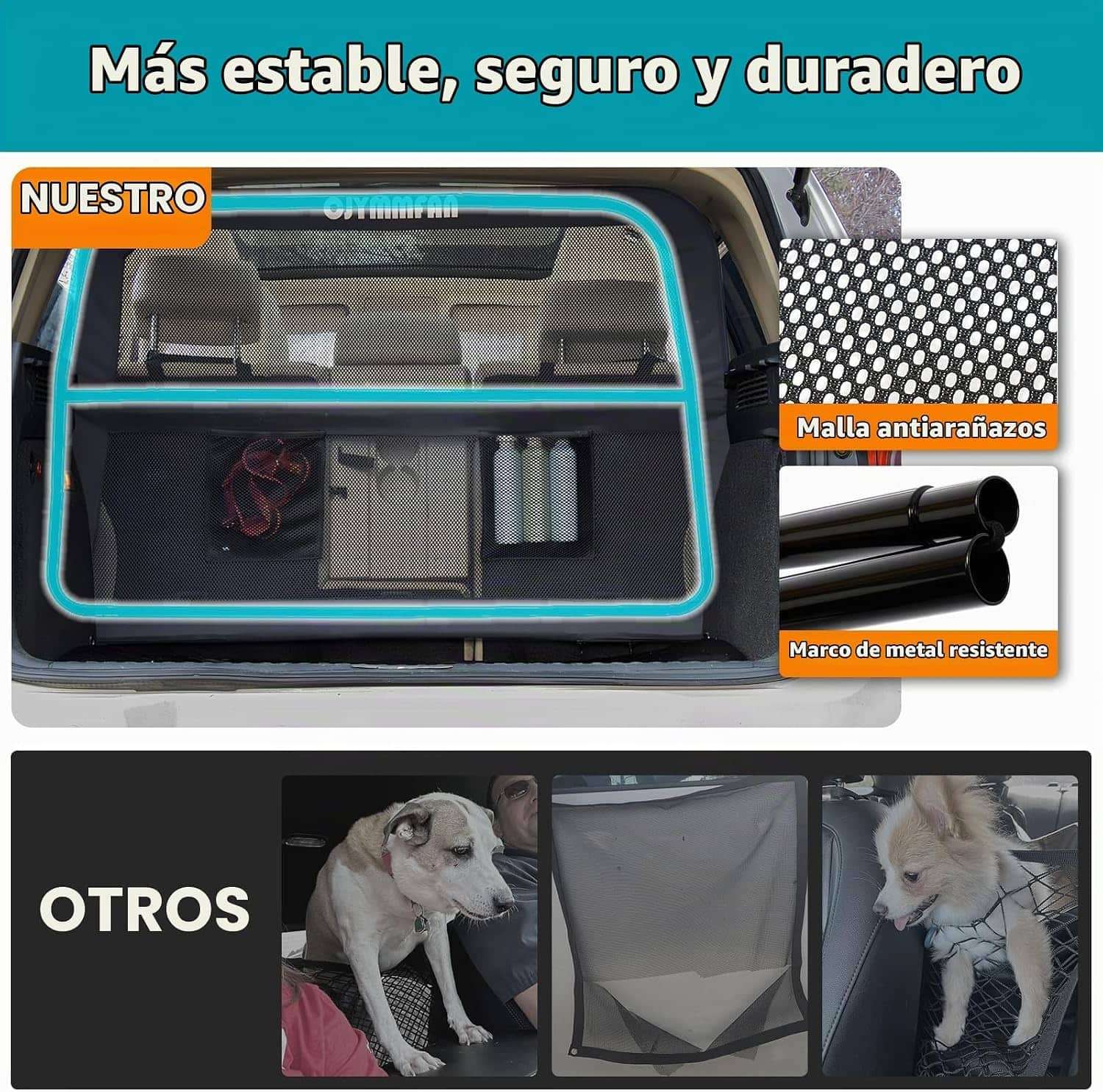 Malla separadora transparente auto suv maletero perro roja marco metal barrera anti escapes anti mordeduras