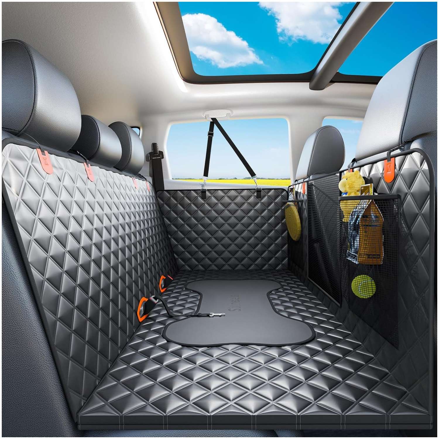 Cubre asientos perro auto extensor base rigida ecocuero 135x58 cm soporta 190kg malla ventilacion