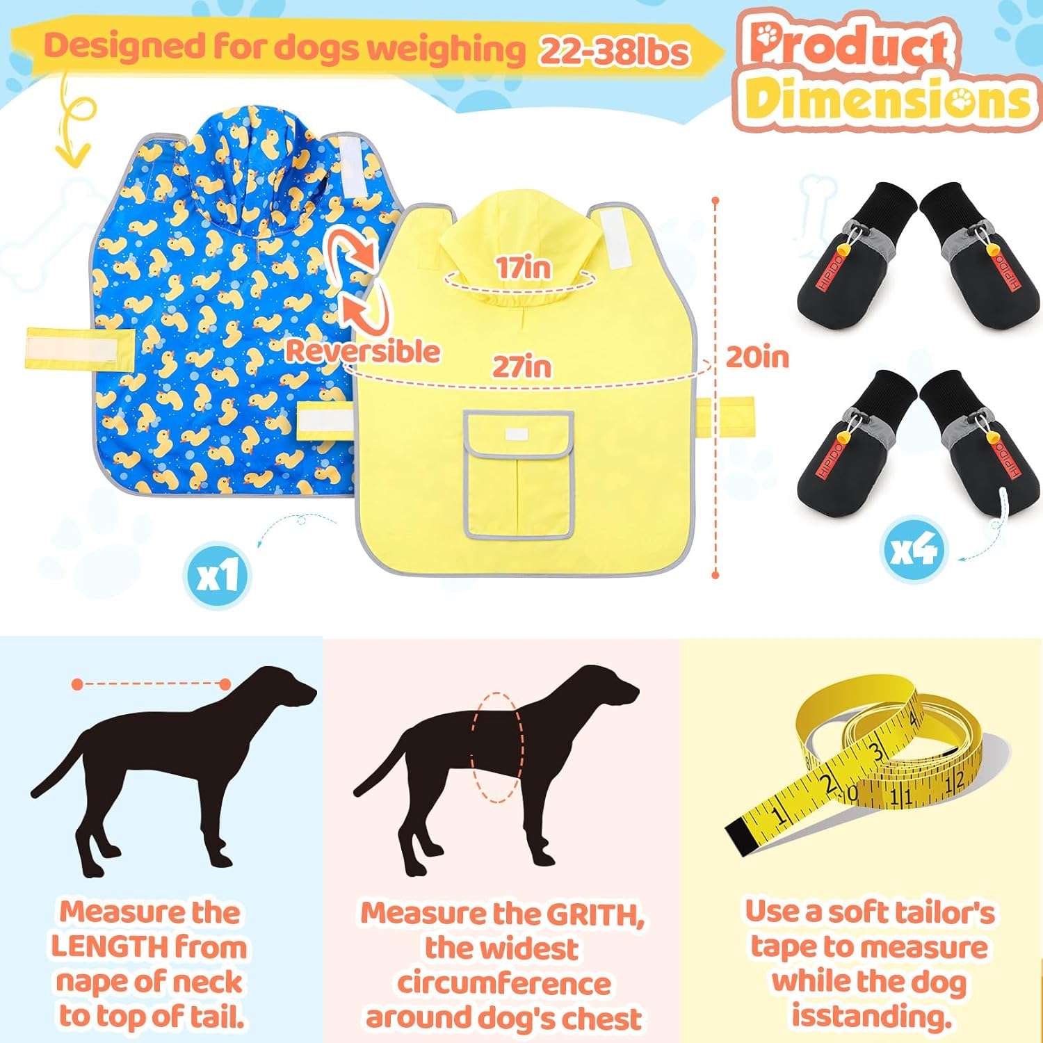 Set lluvia perro reversible capa impermeable amarilla botas negras reflectante arnes ajustable golden retriever pug