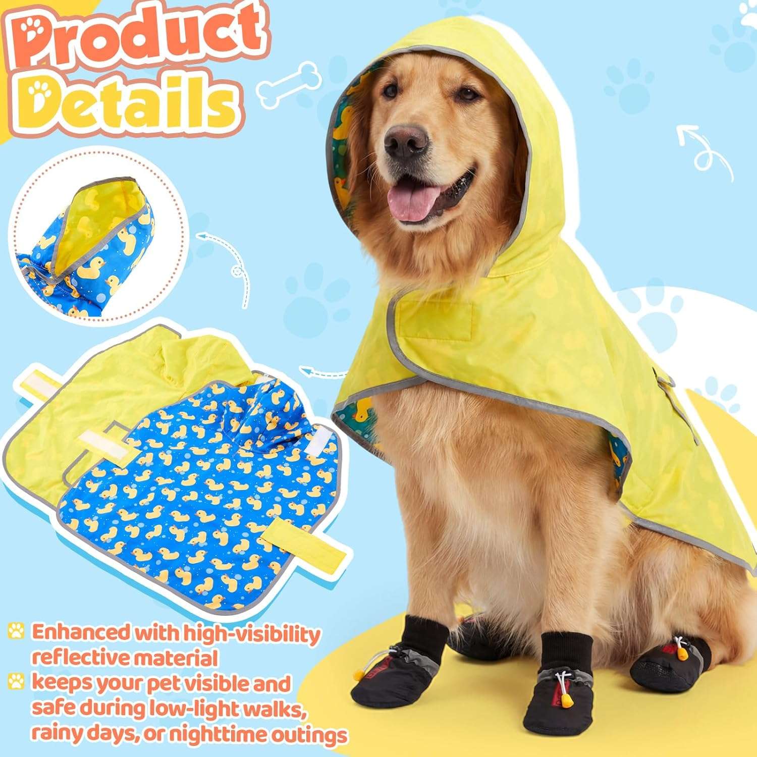 Set lluvia perro reversible capa impermeable amarilla botas negras reflectante arnes ajustable golden retriever pug