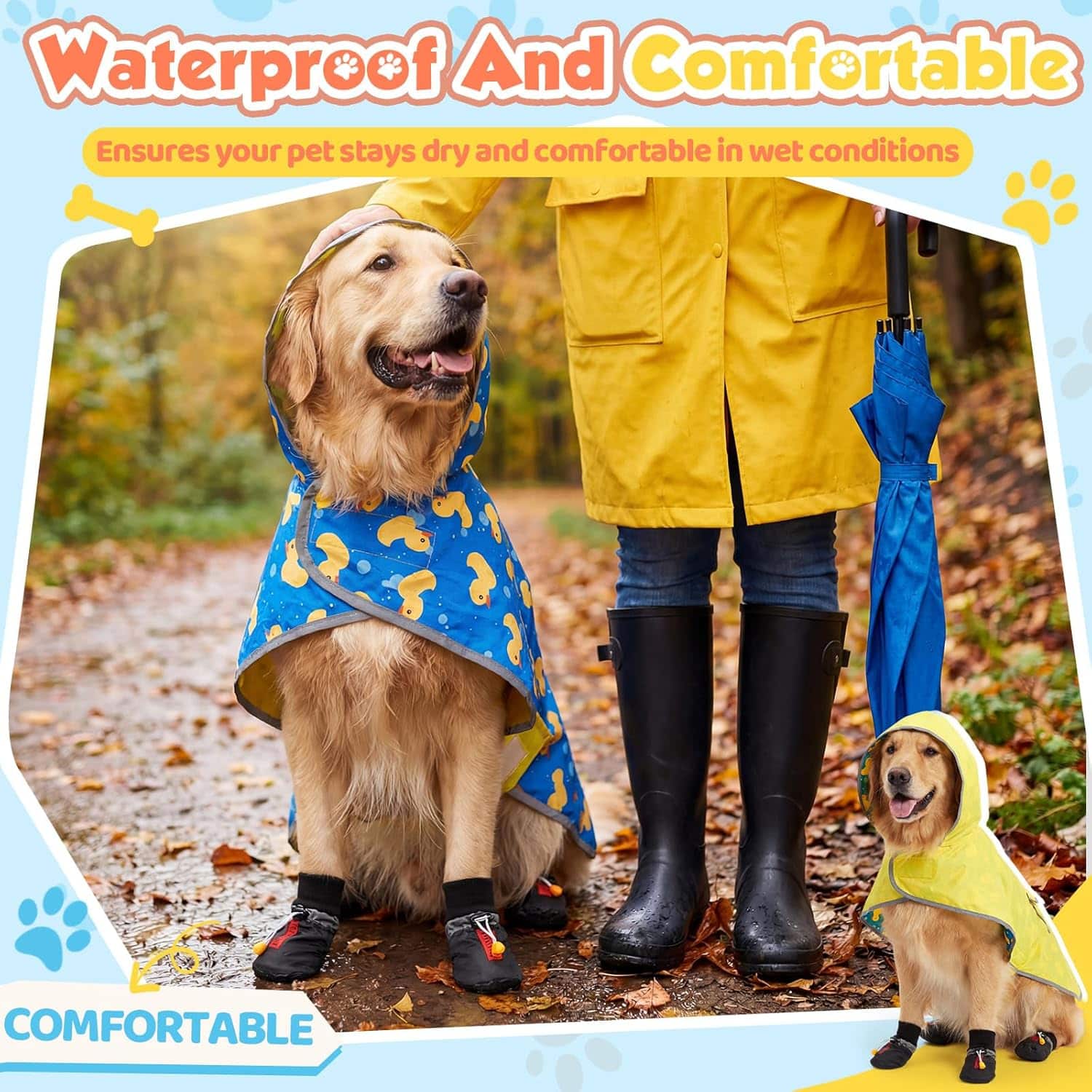 Set lluvia perro reversible capa impermeable amarilla botas negras reflectante arnes ajustable golden retriever pug