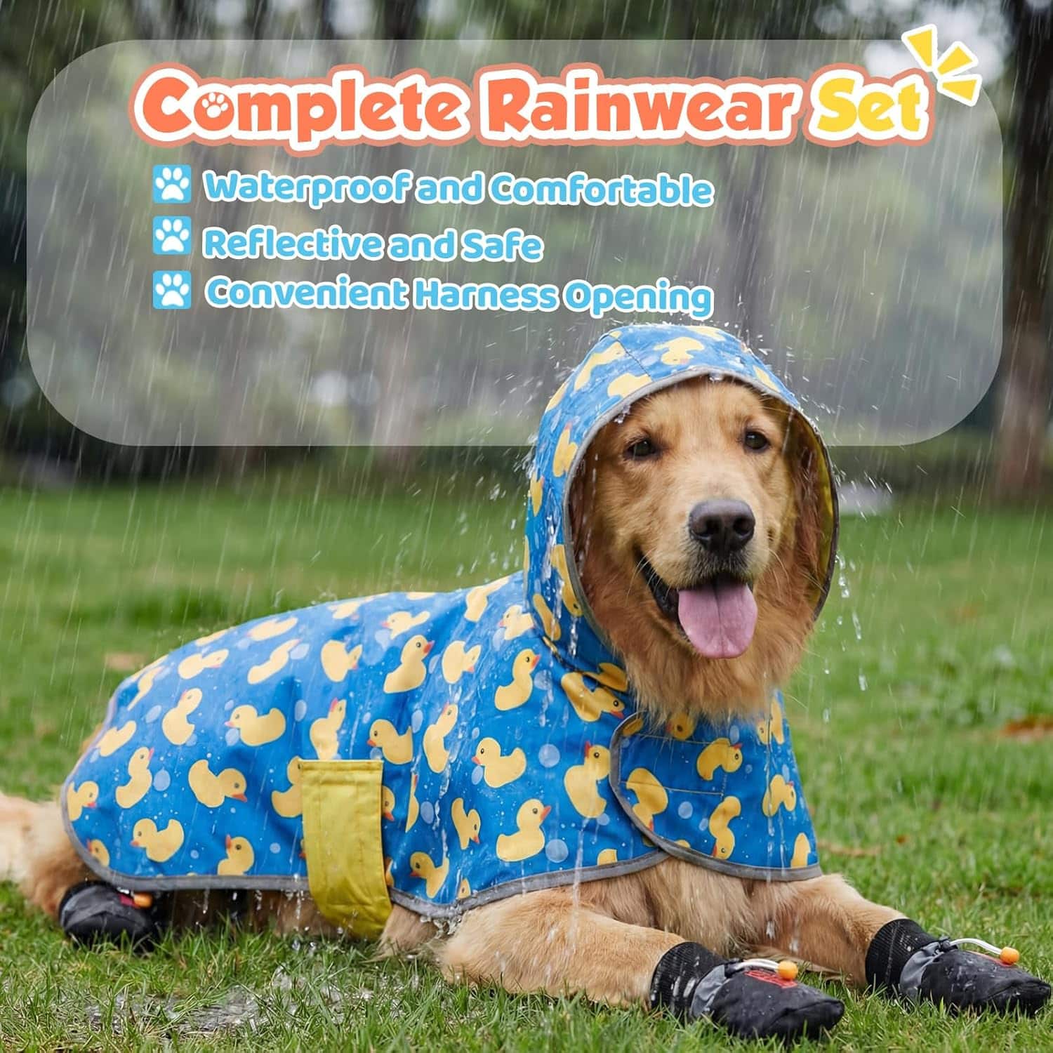 Set lluvia perro reversible capa impermeable amarilla botas negras reflectante arnes ajustable golden retriever pug