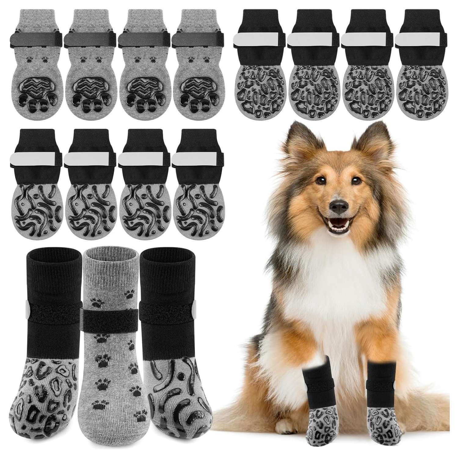 Pack 12 calcetines perro diseños leopardo oruga antideslizantes piso flotante anti lamido ajustables