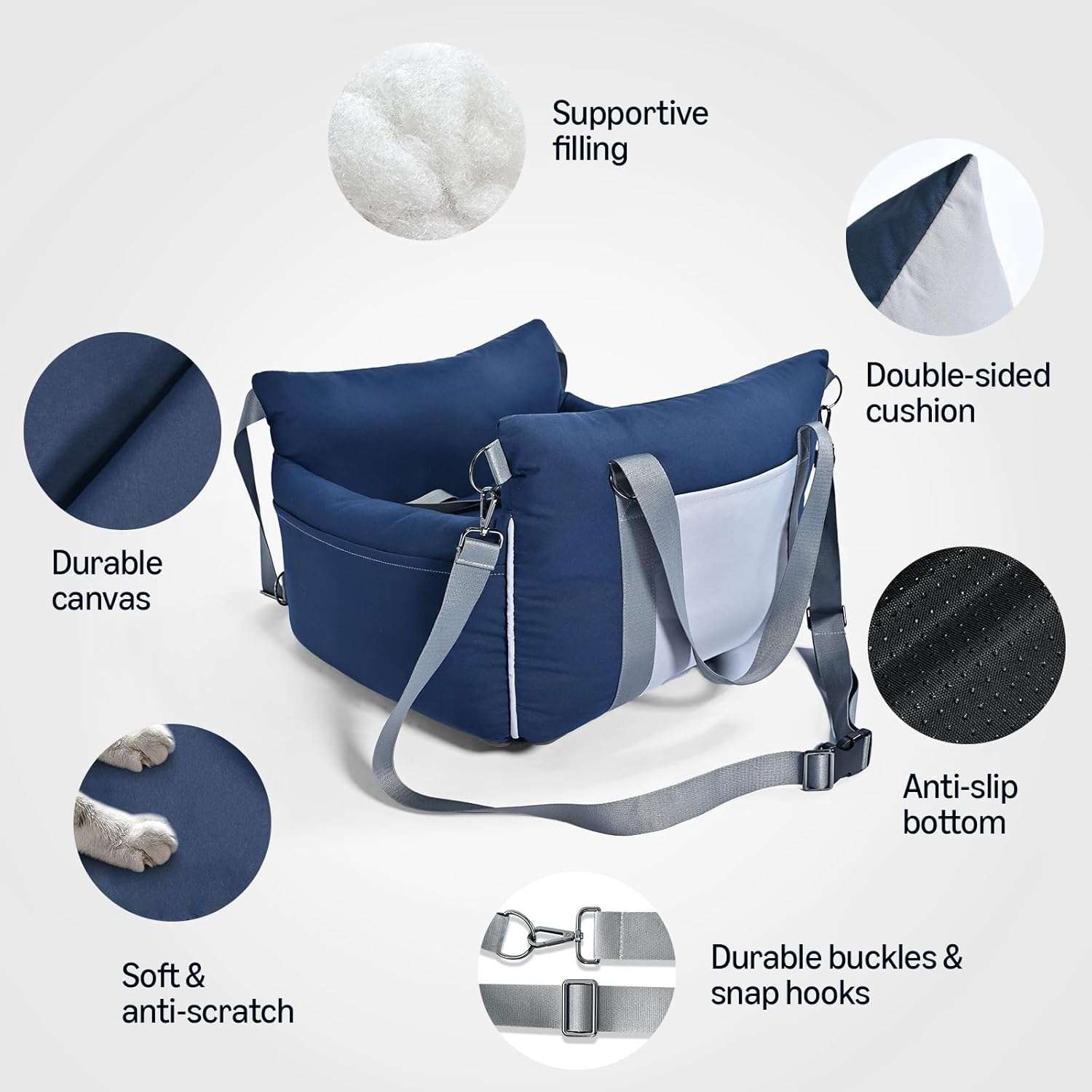 Silla auto perro elevada anti mareo 58x53 cm azul lavable bulldog frances pug mirar ventana