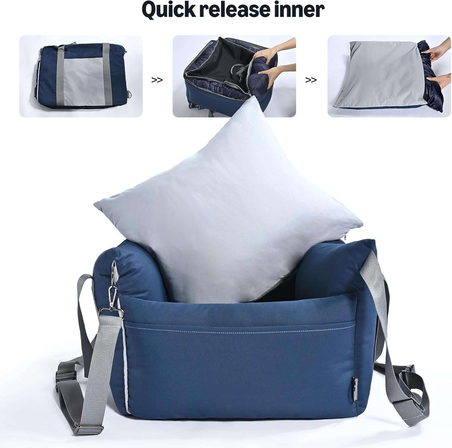 Silla auto perro elevada anti mareo 58x53 cm azul lavable bulldog frances pug mirar ventana