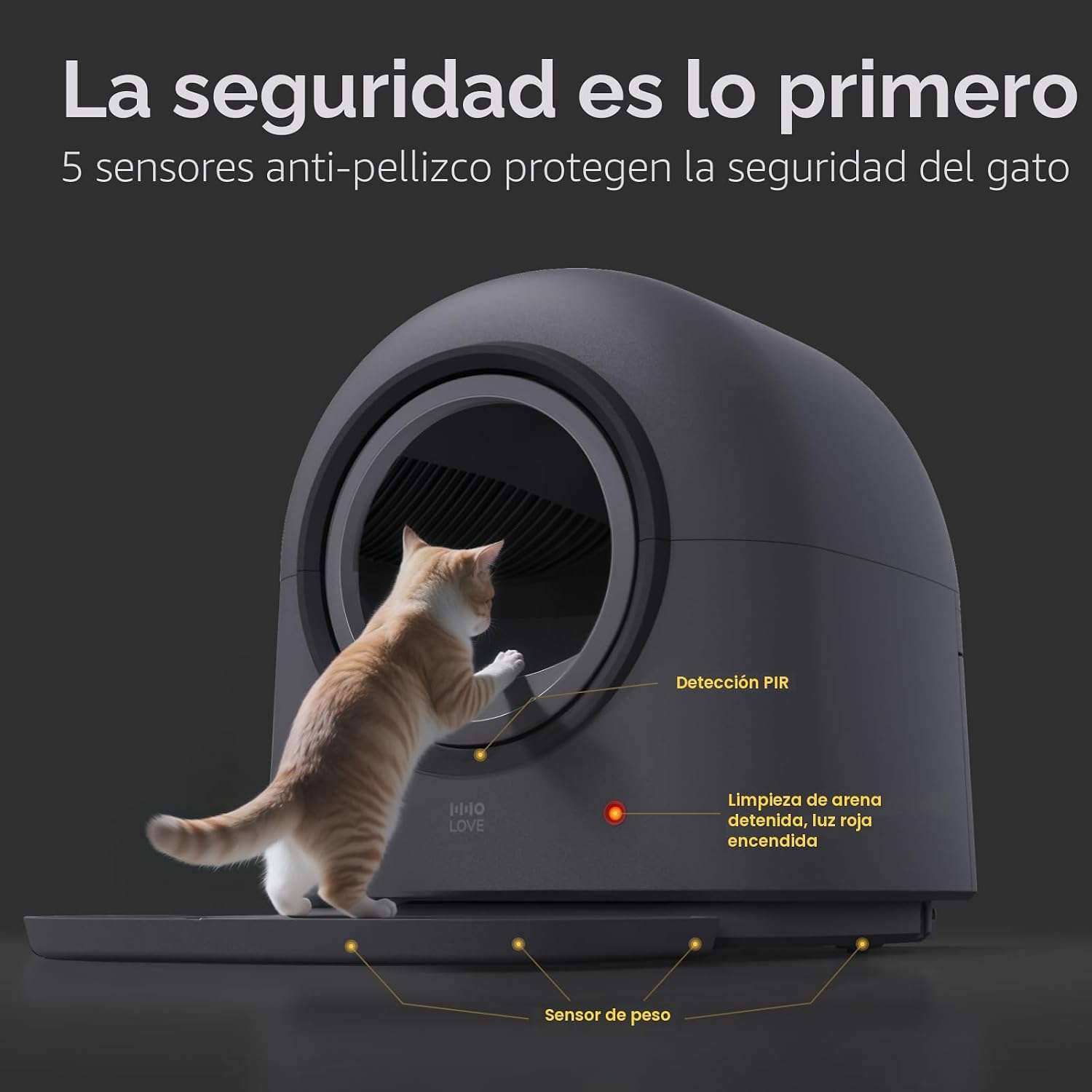 caja de arena autolimpiante inteligente para gatos con sistema anti pellizcos y desodorizador integrado