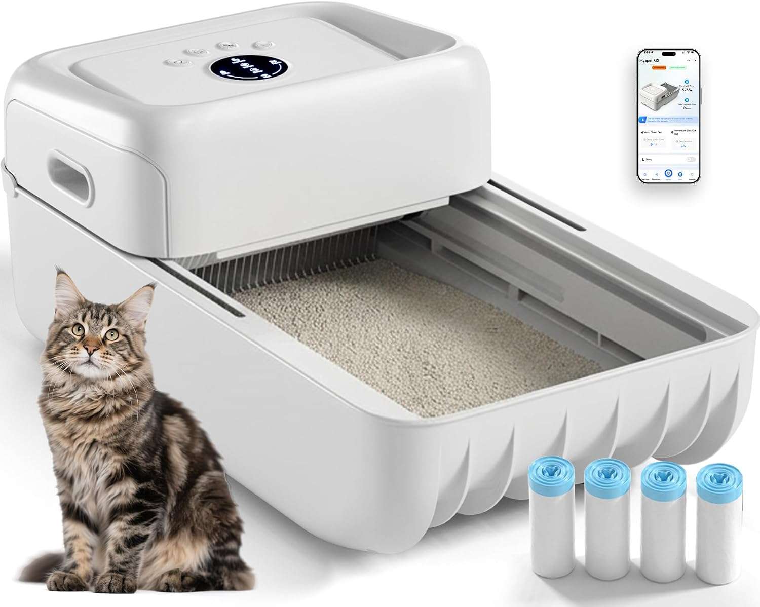 caja de arena autolimpiante abierta para gatos con rastrillo automático, sensores de seguridad y control por aplicación