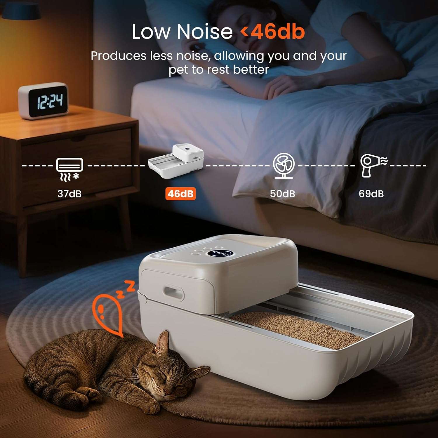 caja de arena autolimpiante abierta para gatos con rastrillo automático, sensores de seguridad y control por aplicación