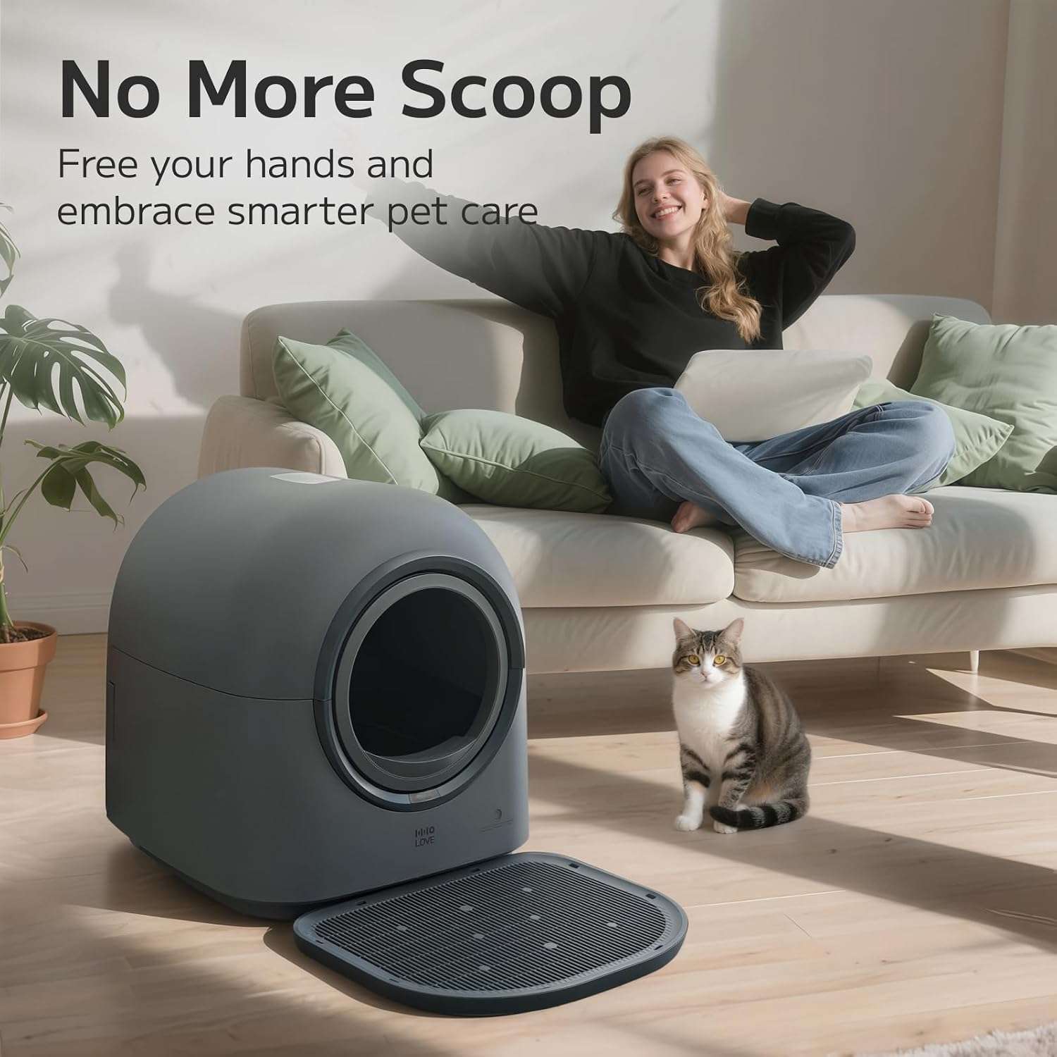 caja de arena autolimpiante inteligente para gatos con sistema anti pellizcos y desodorizador integrado