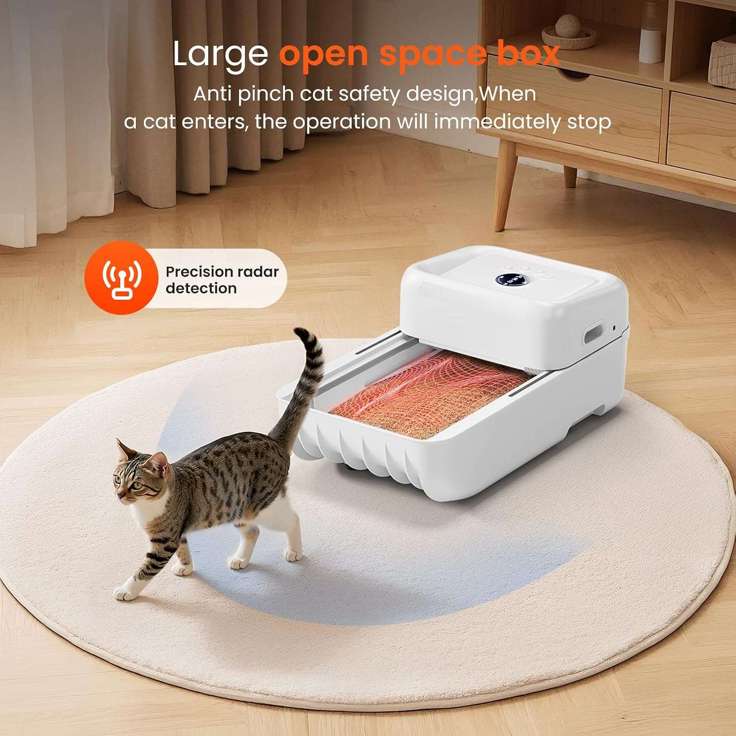 caja de arena autolimpiante abierta para gatos con rastrillo automático, sensores de seguridad y control por aplicación