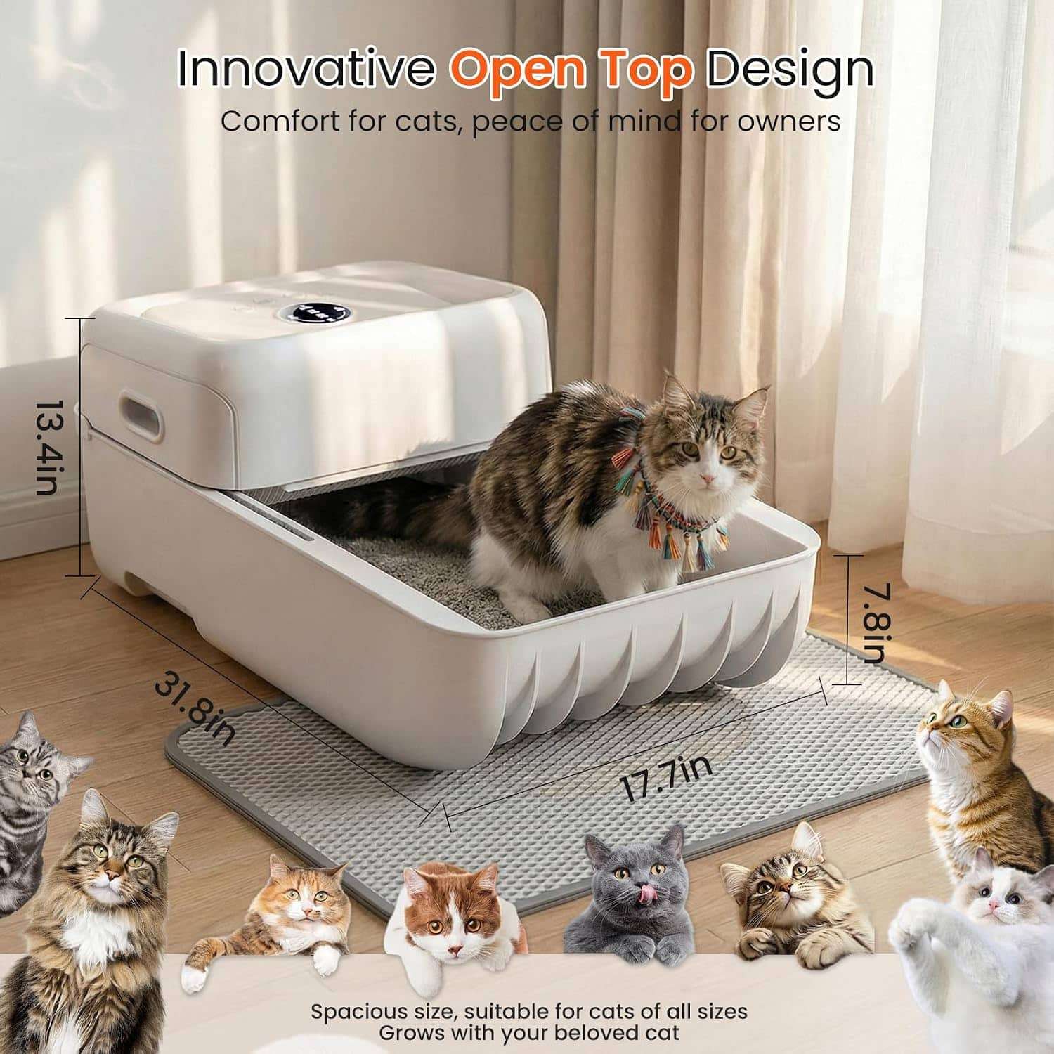 caja de arena autolimpiante abierta para gatos con rastrillo automático, sensores de seguridad y control por aplicación