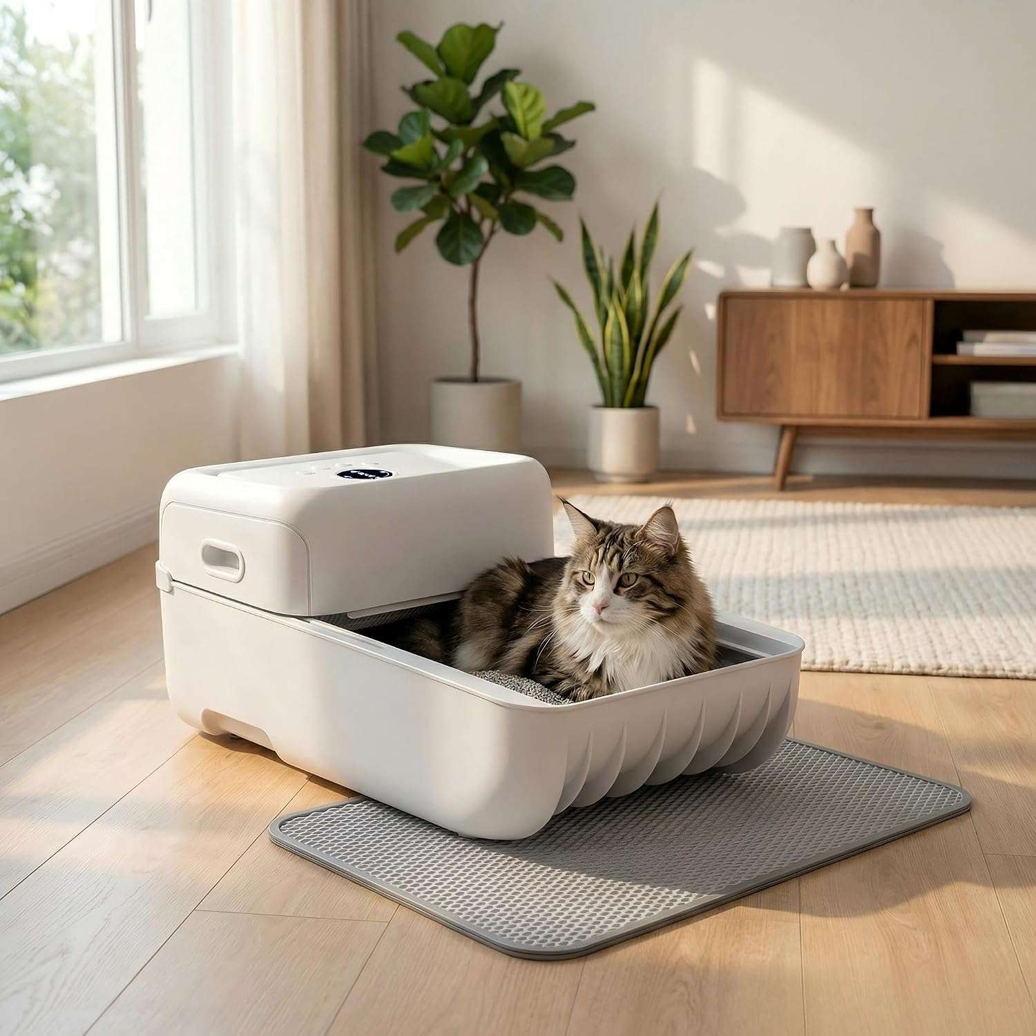 caja de arena autolimpiante abierta para gatos con rastrillo automático, sensores de seguridad y control por aplicación