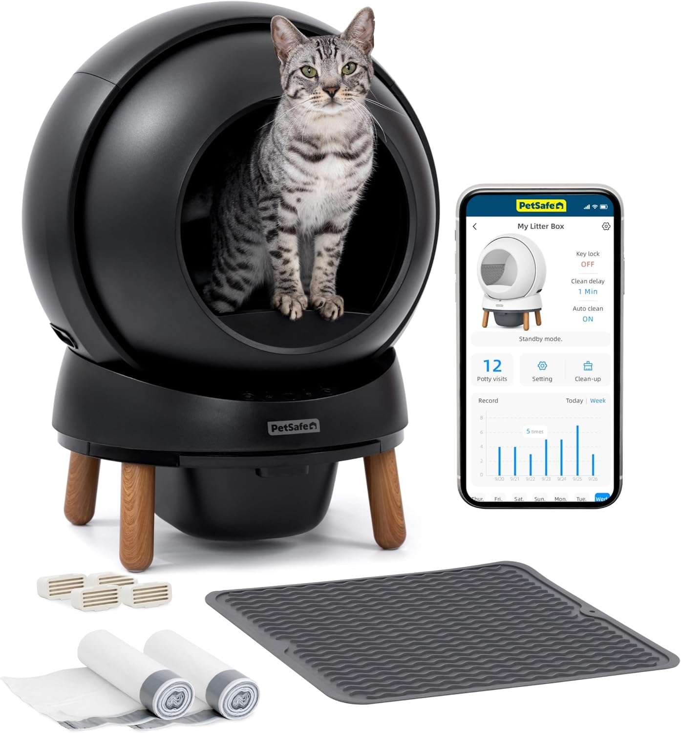 caja de arena autolimpiante inteligente para gatos en color blanco con control de olores y conexión de aplicación
