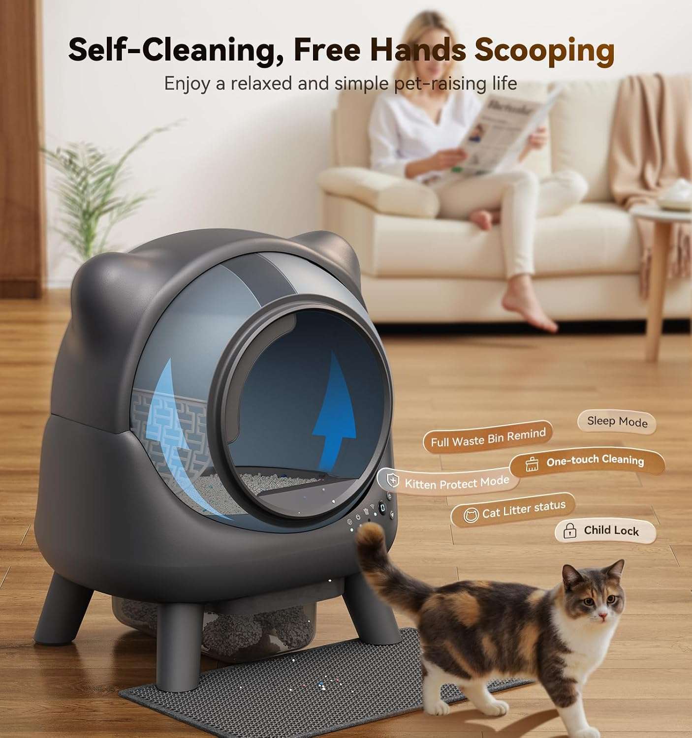 caja de arena autolimpiante inteligente para gatos con control de olores, sensores de seguridad y conexión por aplicación