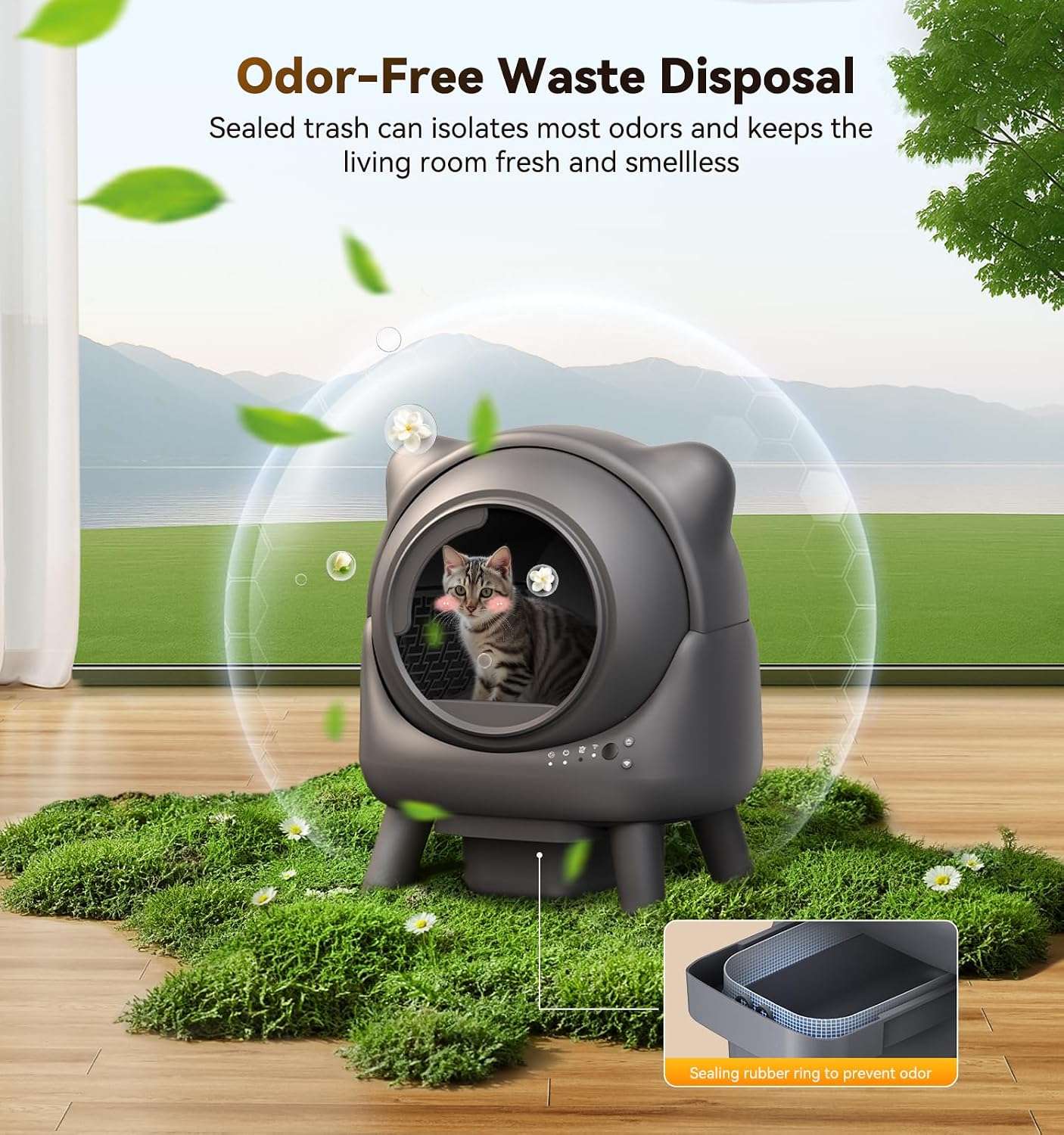 caja de arena autolimpiante inteligente para gatos con control de olores, sensores de seguridad y conexión por aplicación