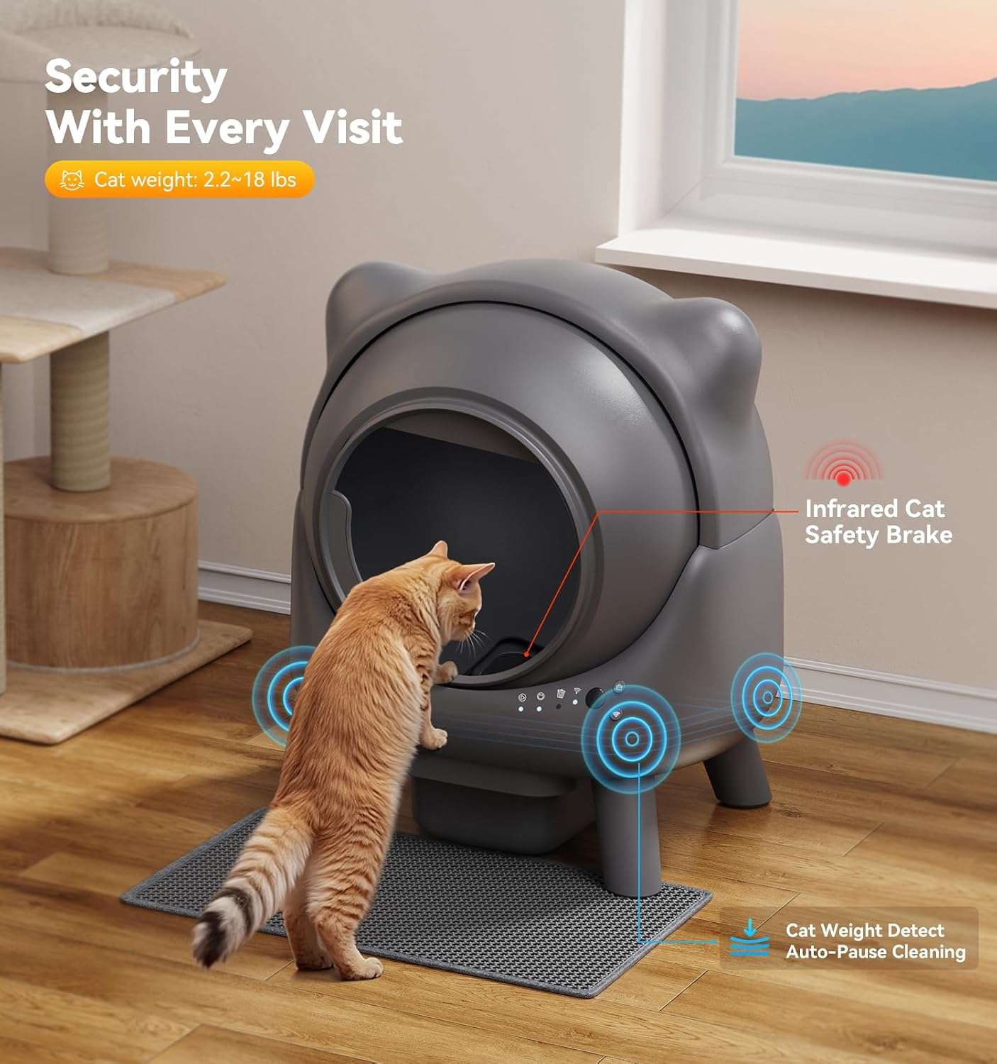 caja de arena autolimpiante inteligente para gatos con control de olores, sensores de seguridad y conexión por aplicación