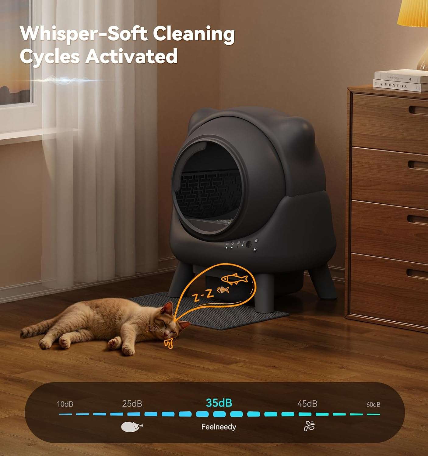 caja de arena autolimpiante inteligente para gatos con control de olores, sensores de seguridad y conexión por aplicación