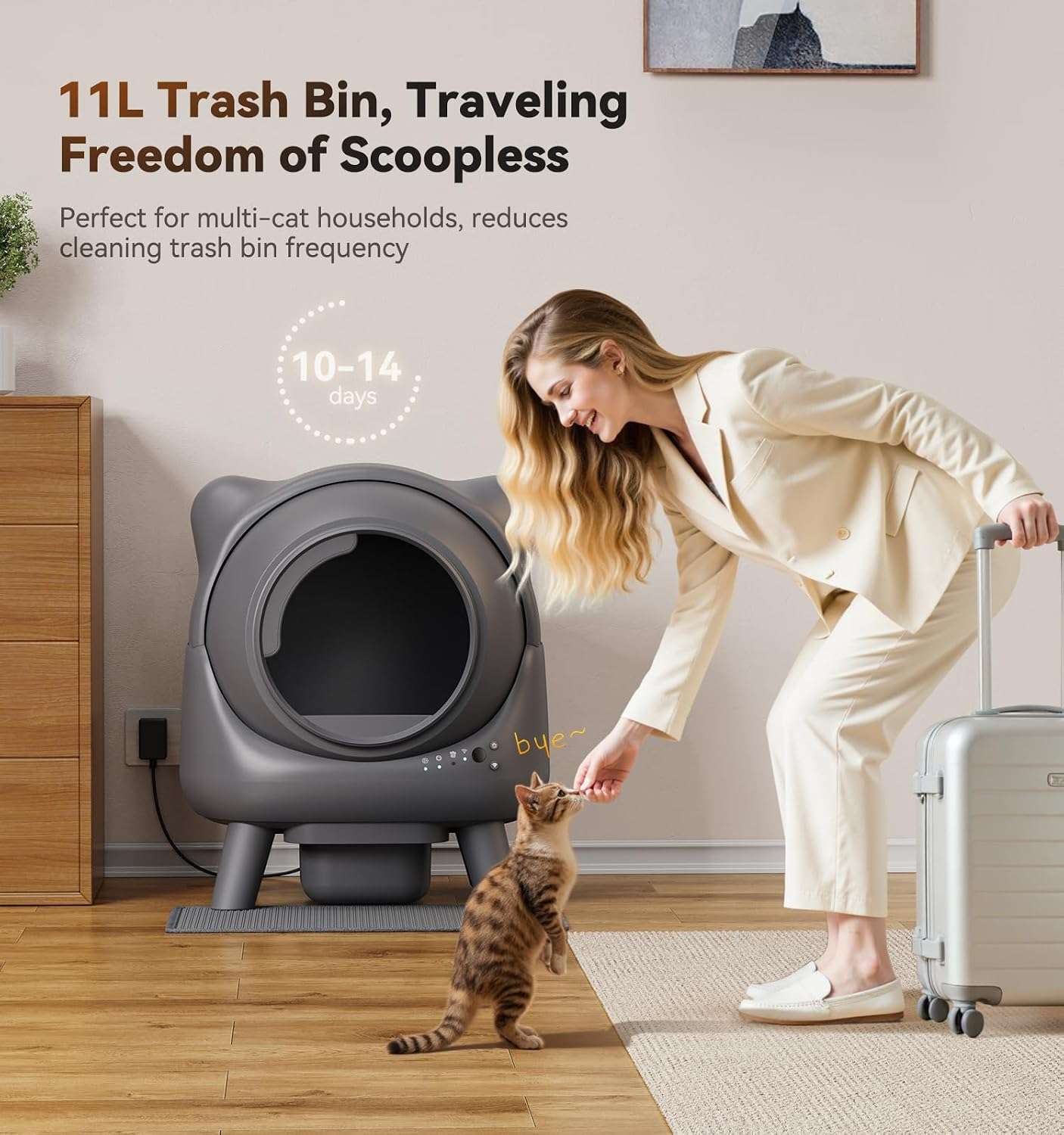 caja de arena autolimpiante inteligente para gatos con control de olores, sensores de seguridad y conexión por aplicación