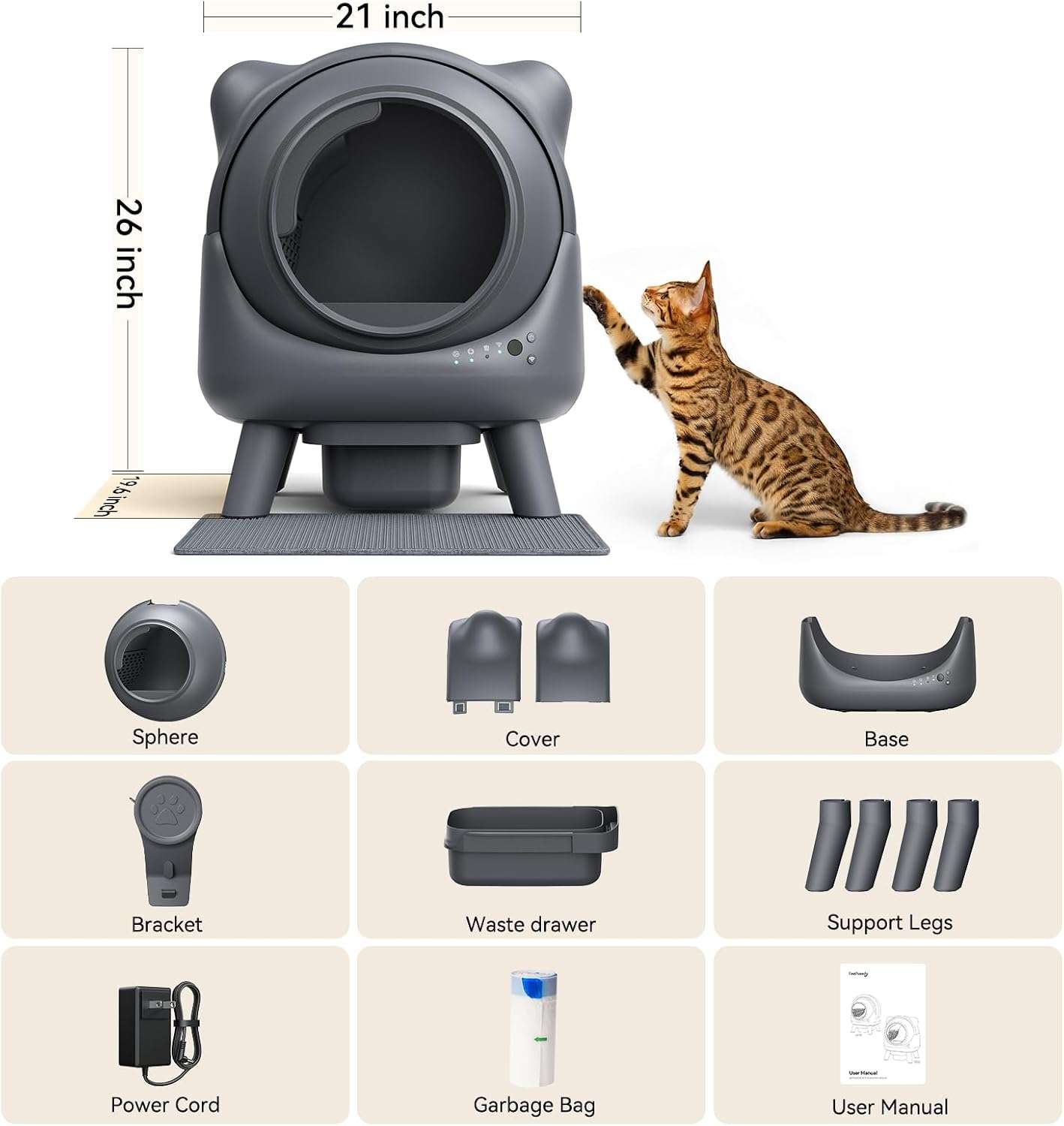 caja de arena autolimpiante inteligente para gatos con control de olores, sensores de seguridad y conexión por aplicación