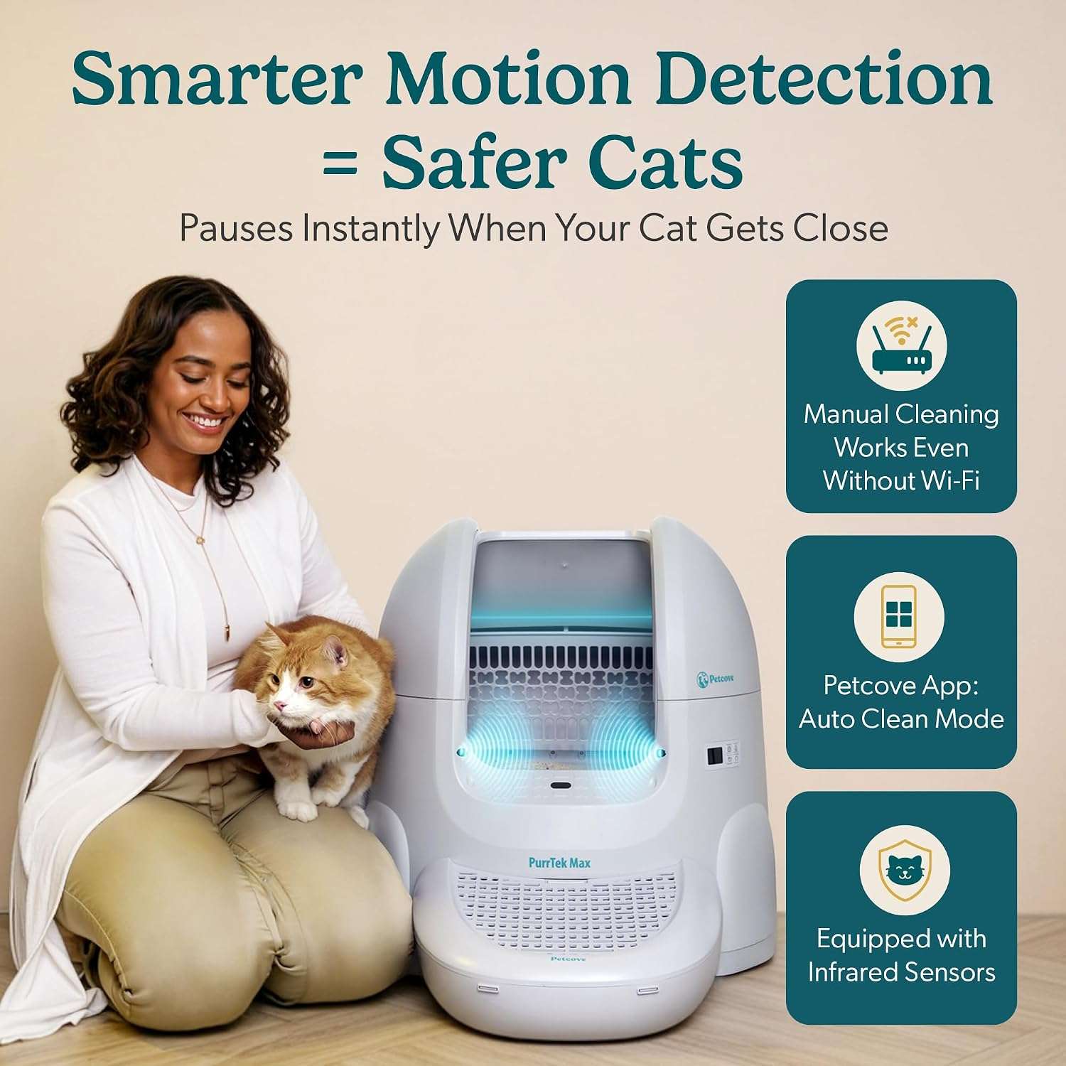 caja de arena autolimpiante inteligente XL para gatos con control de olores, sensores de seguridad y conexión por aplicación