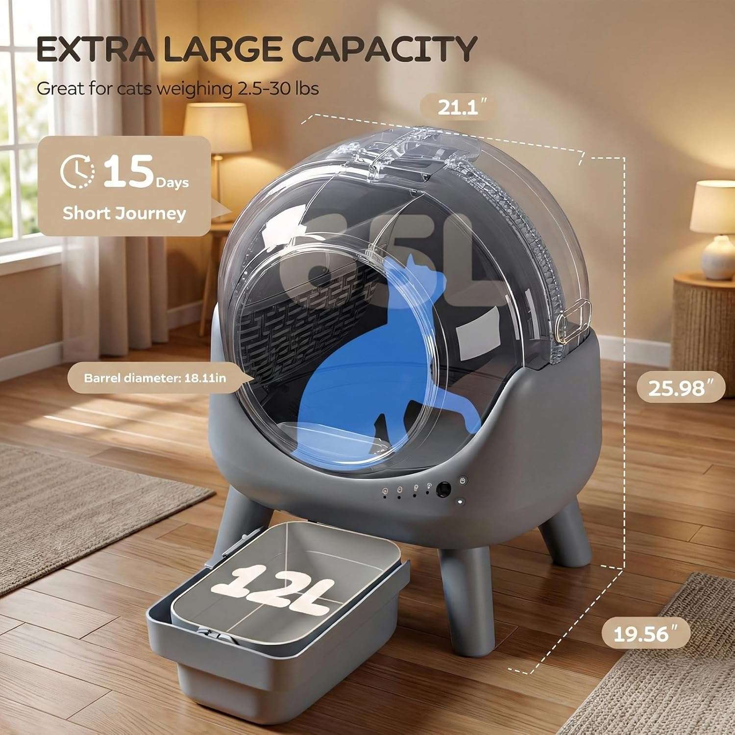 arenero automatico gatos autolimpiable wifi 54x50x41 centimetros sensores seguridad ideal para chile