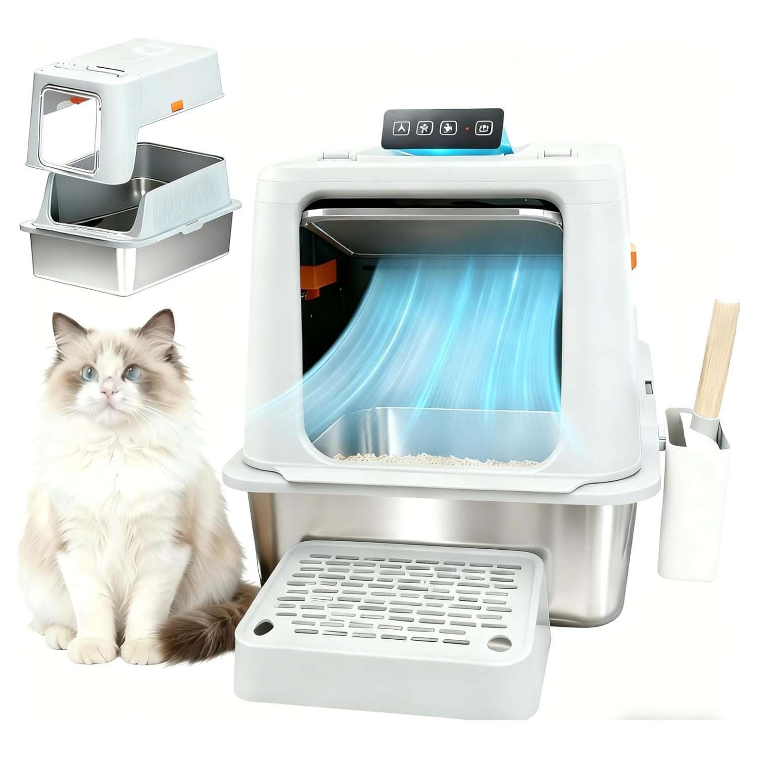 arenero inteligente acero inoxidable gatos grandes 60x40x38 centimetros control olores ideal para chile