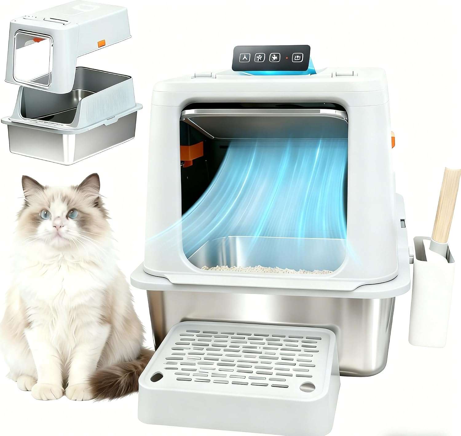 caja de arena inteligente de acero inoxidable XXL para gatos grandes con sistema de desodorización y tapa abatible