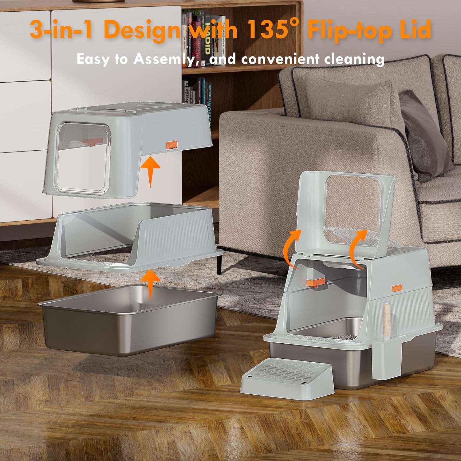 arenero inteligente acero inoxidable gatos grandes 60x40x38 centimetros control olores ideal para chile