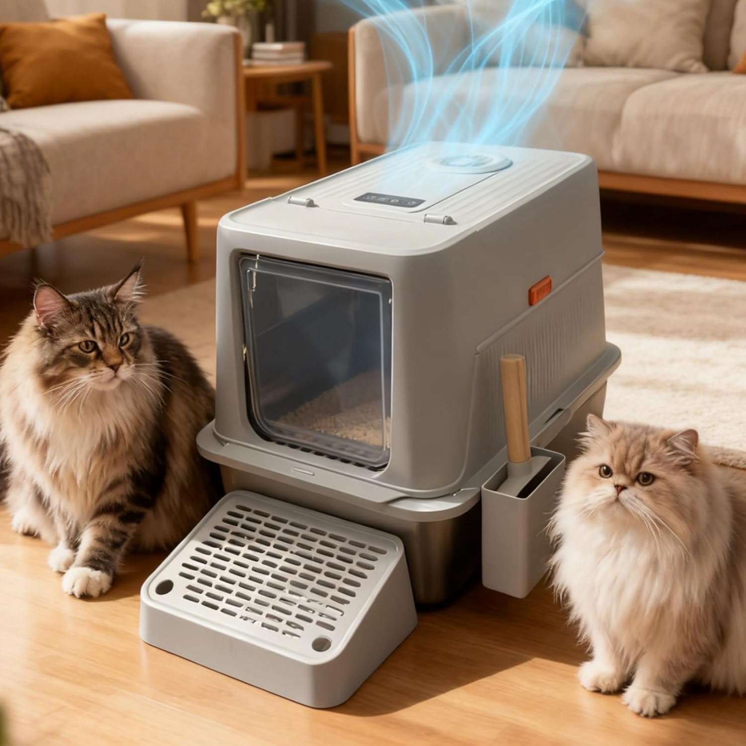 arenero inteligente acero inoxidable gatos grandes 60x40x38 centimetros control olores ideal para chile