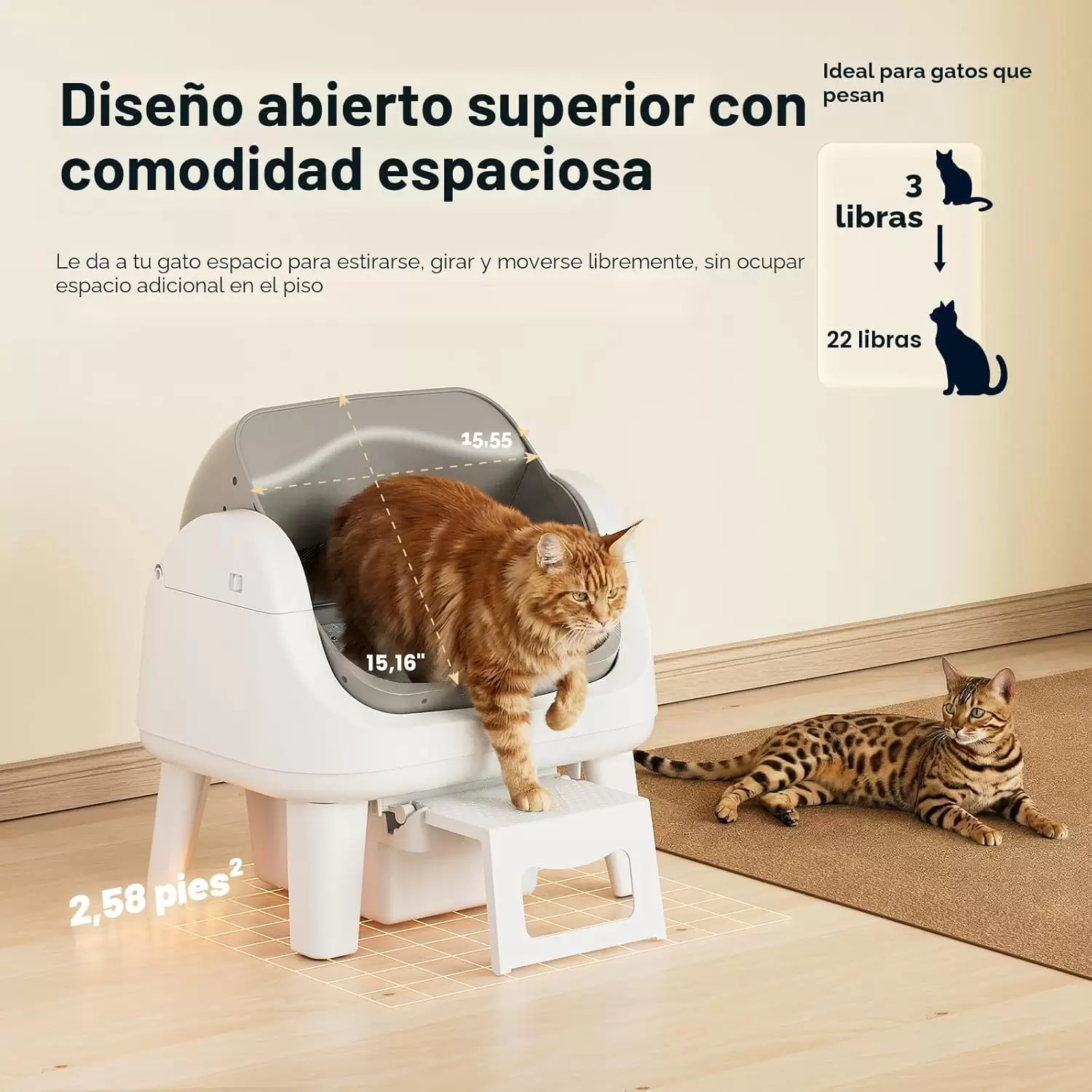 arenero automatico gatos autolimpiable abierto 54x40x55 centimetros sin wifi ideal para chile