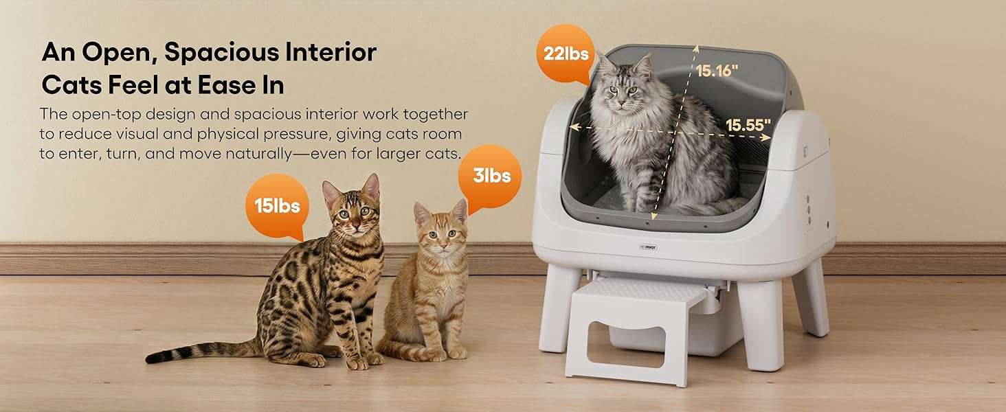arenero automatico gatos autolimpiable abierto 54x40x55 centimetros sin wifi ideal para chile