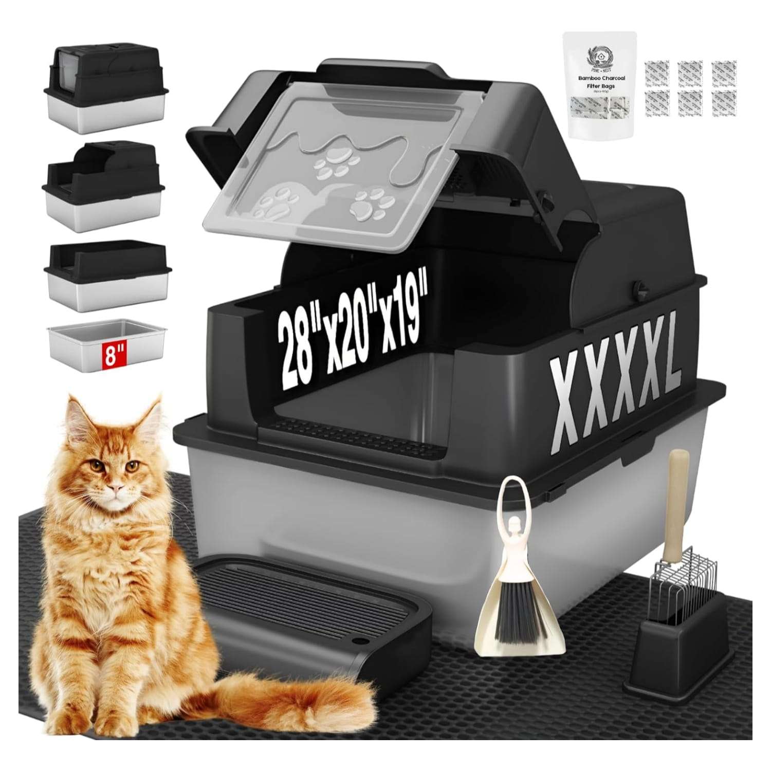 Caja de arena gigante de acero inoxidable para gatos con paredes altas y puerta abatible.