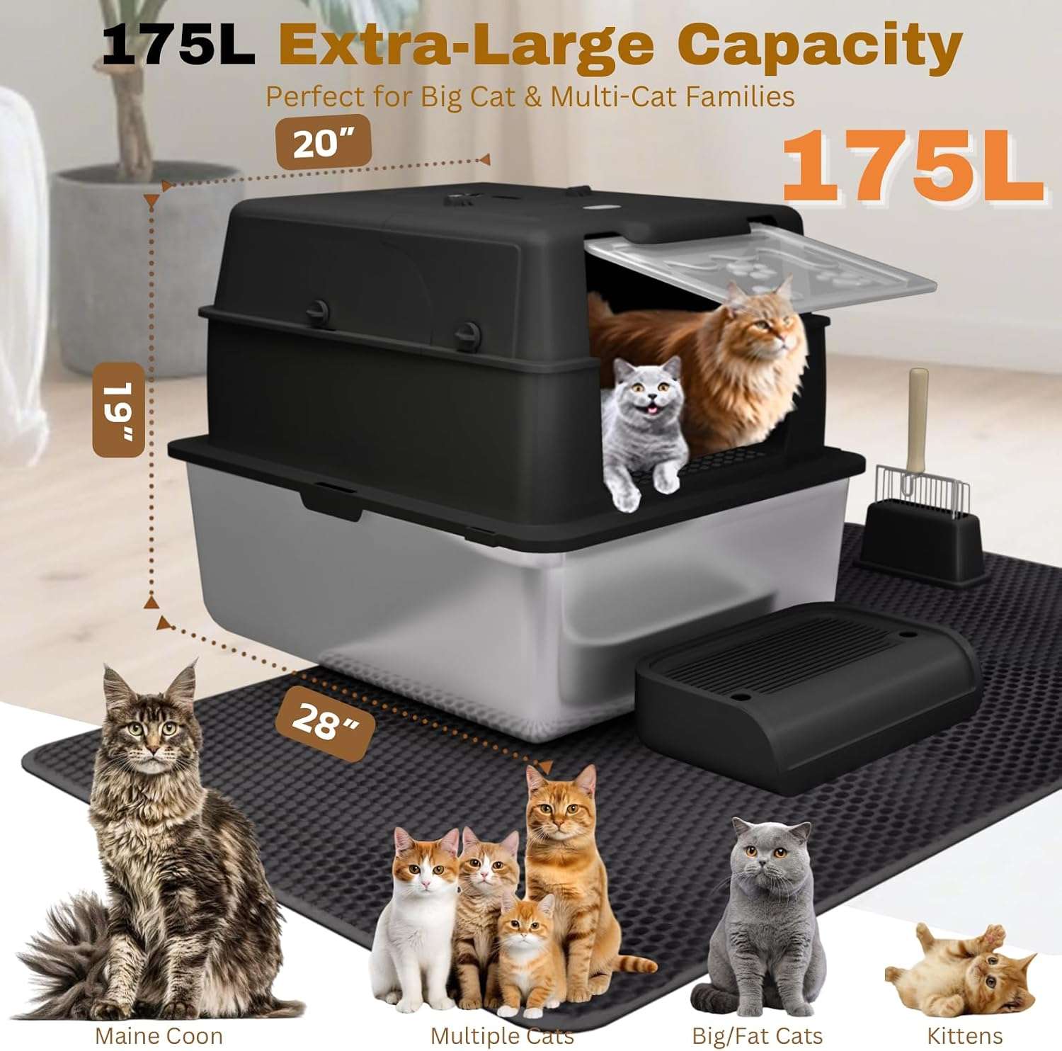 Caja de arena gigante de acero inoxidable para gatos con paredes altas y puerta abatible.