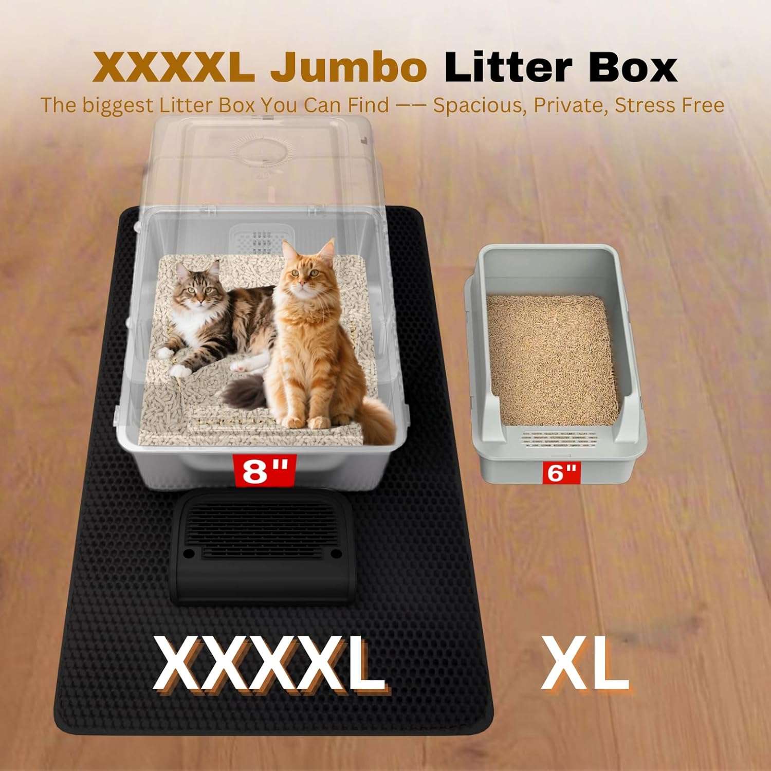 Caja de arena gigante de acero inoxidable para gatos con paredes altas y puerta abatible.